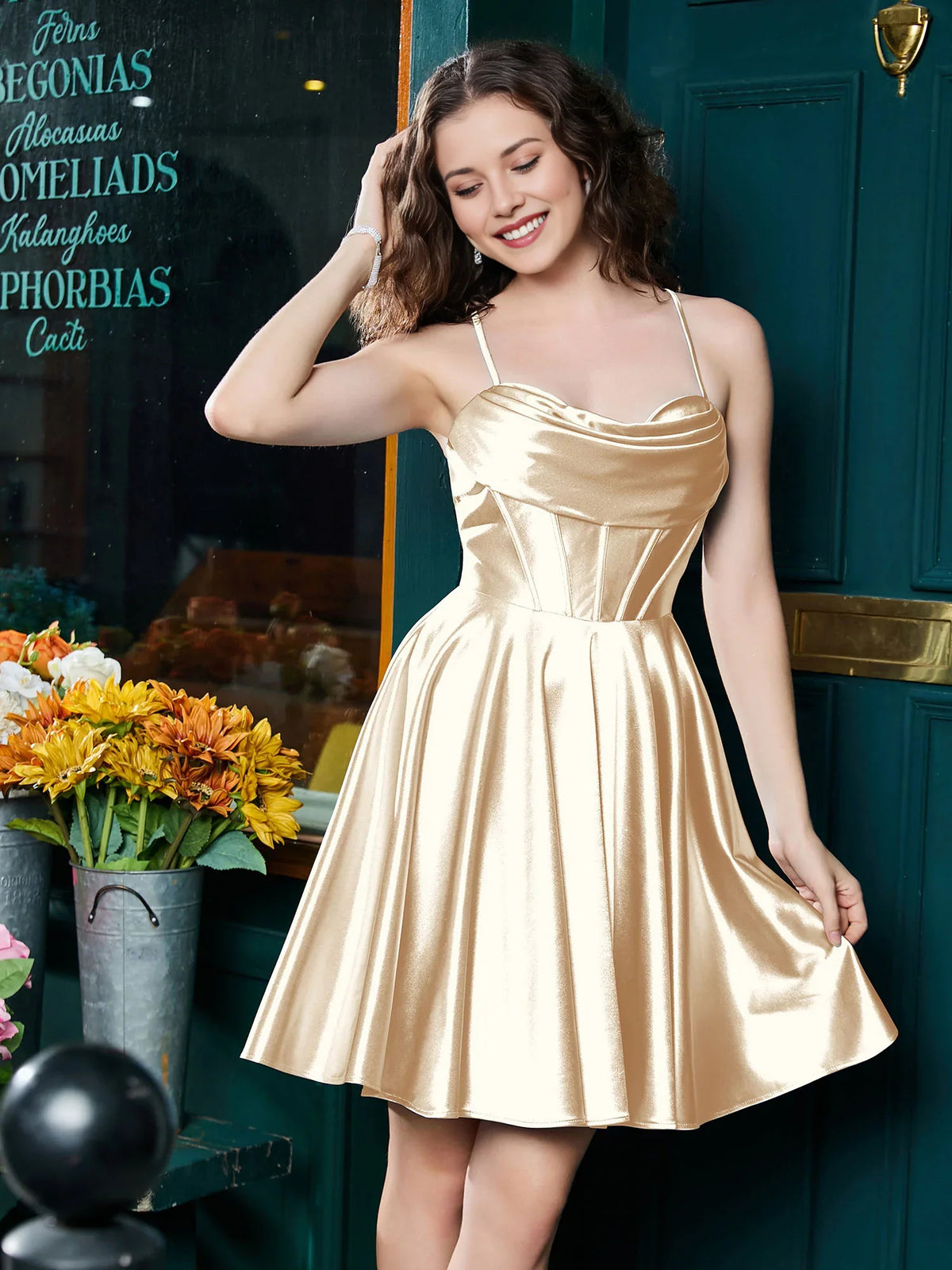 Champagne mini homecoming dress, alternate view showing the full-length profile