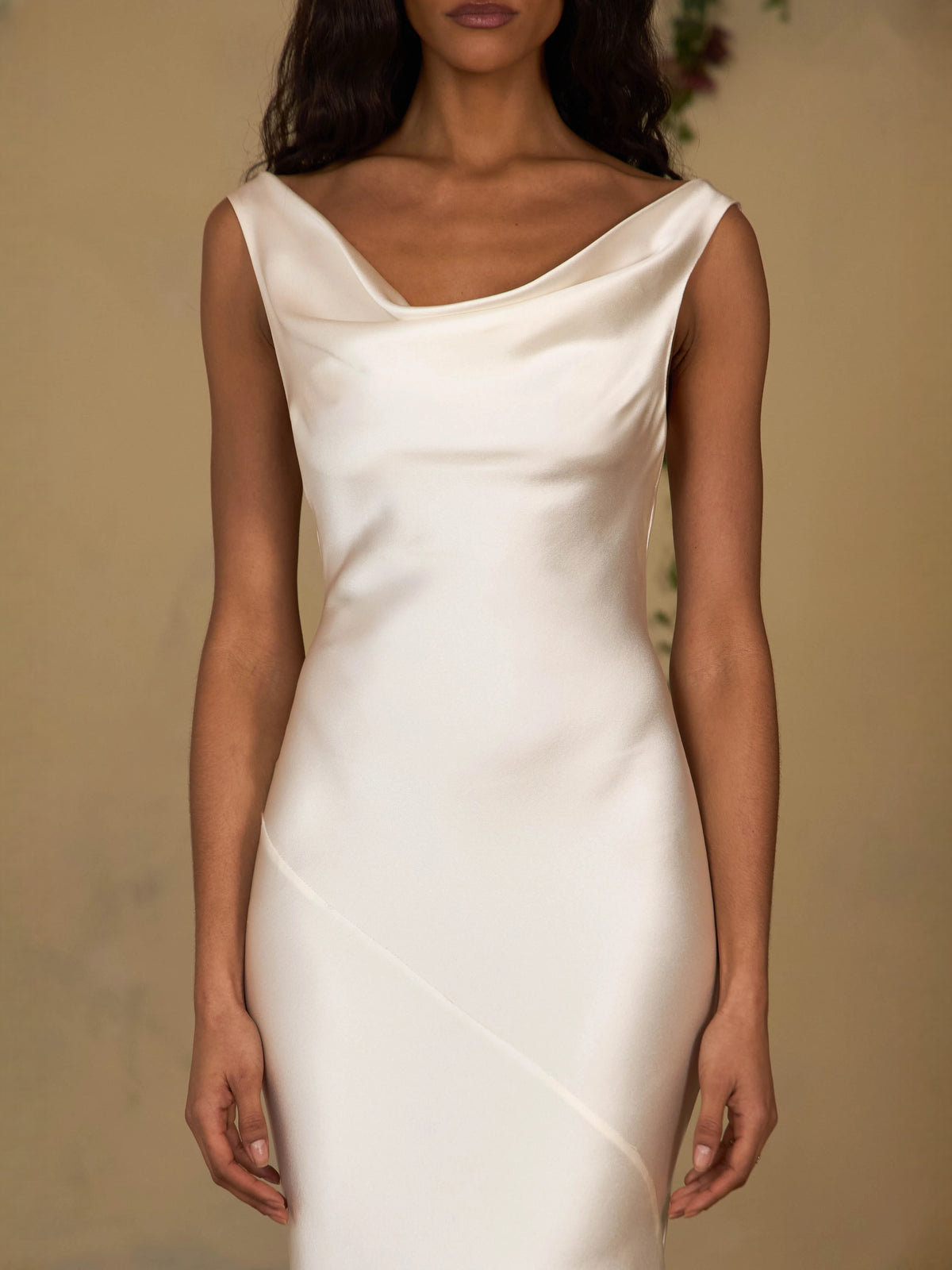 Ivory white maxi prom dress, alternate view showing the full-length profile