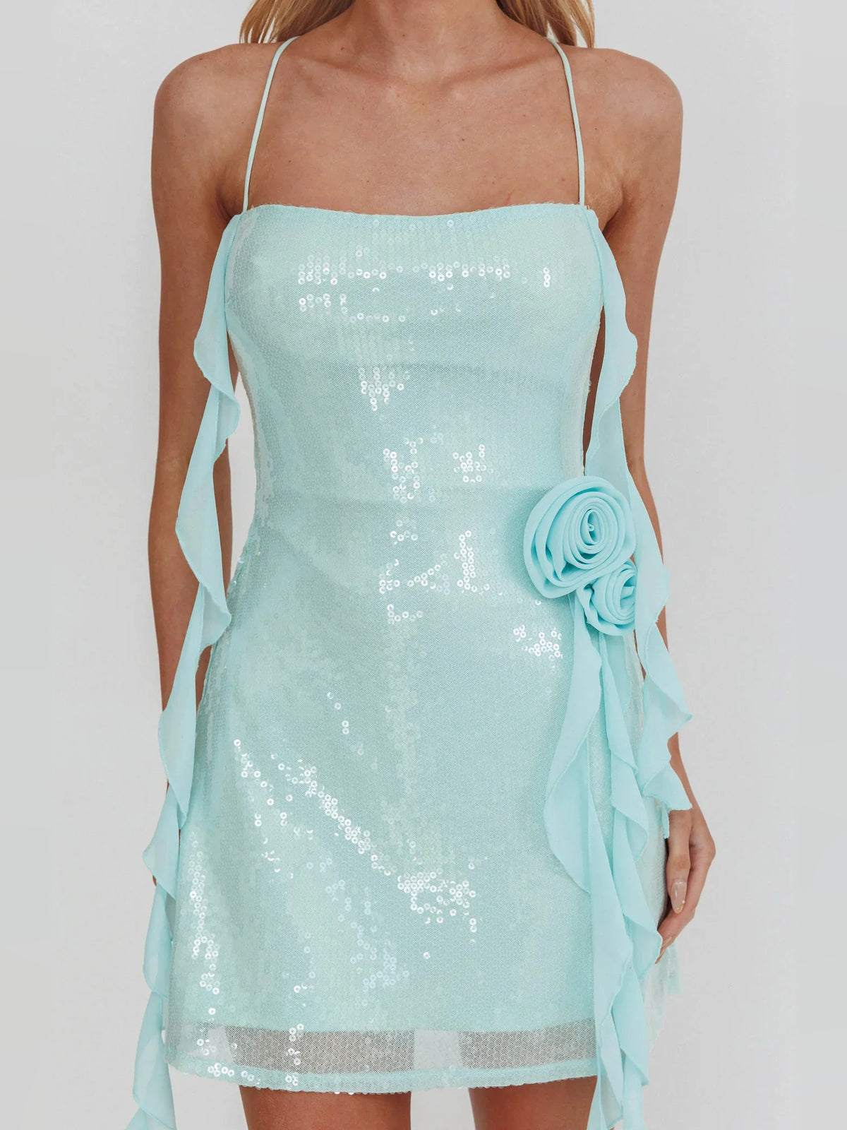 Ice Blue mini homecoming dress, alternate view showing the full-length profile