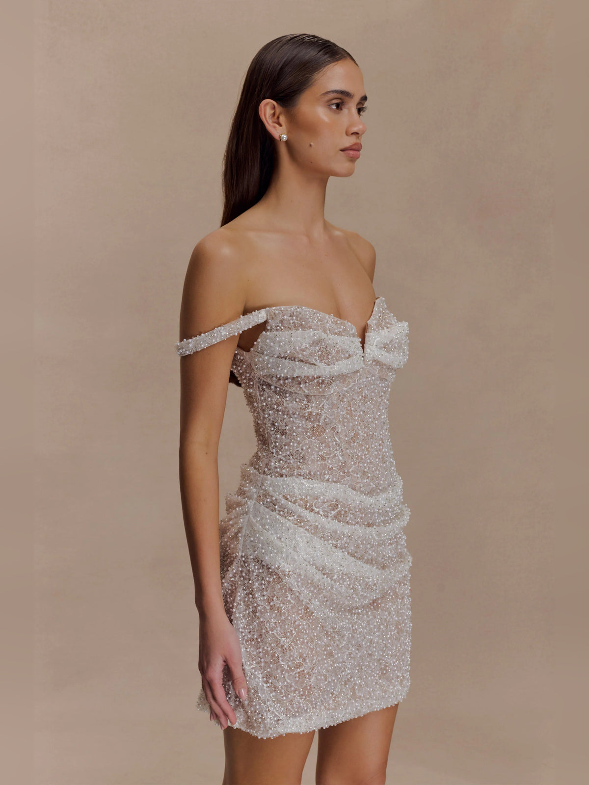 Nude mini homecoming dress, alternate view showing the full-length profile