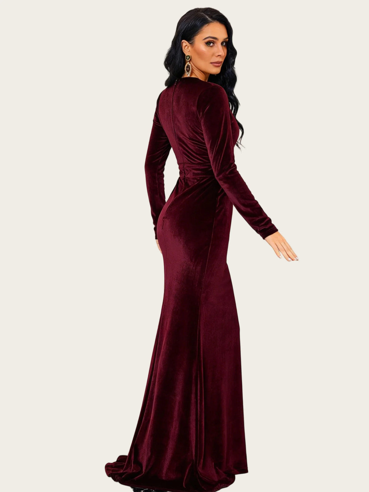 Green mermaid maxi formal dress with V-neckline, alternate view showing the hem