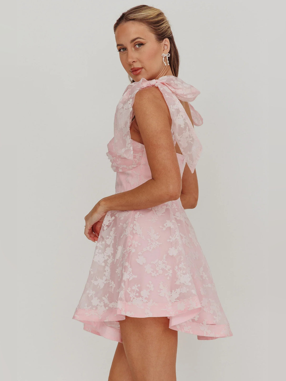 Ivory mini homecoming dress, alternate view showing the full-length profile