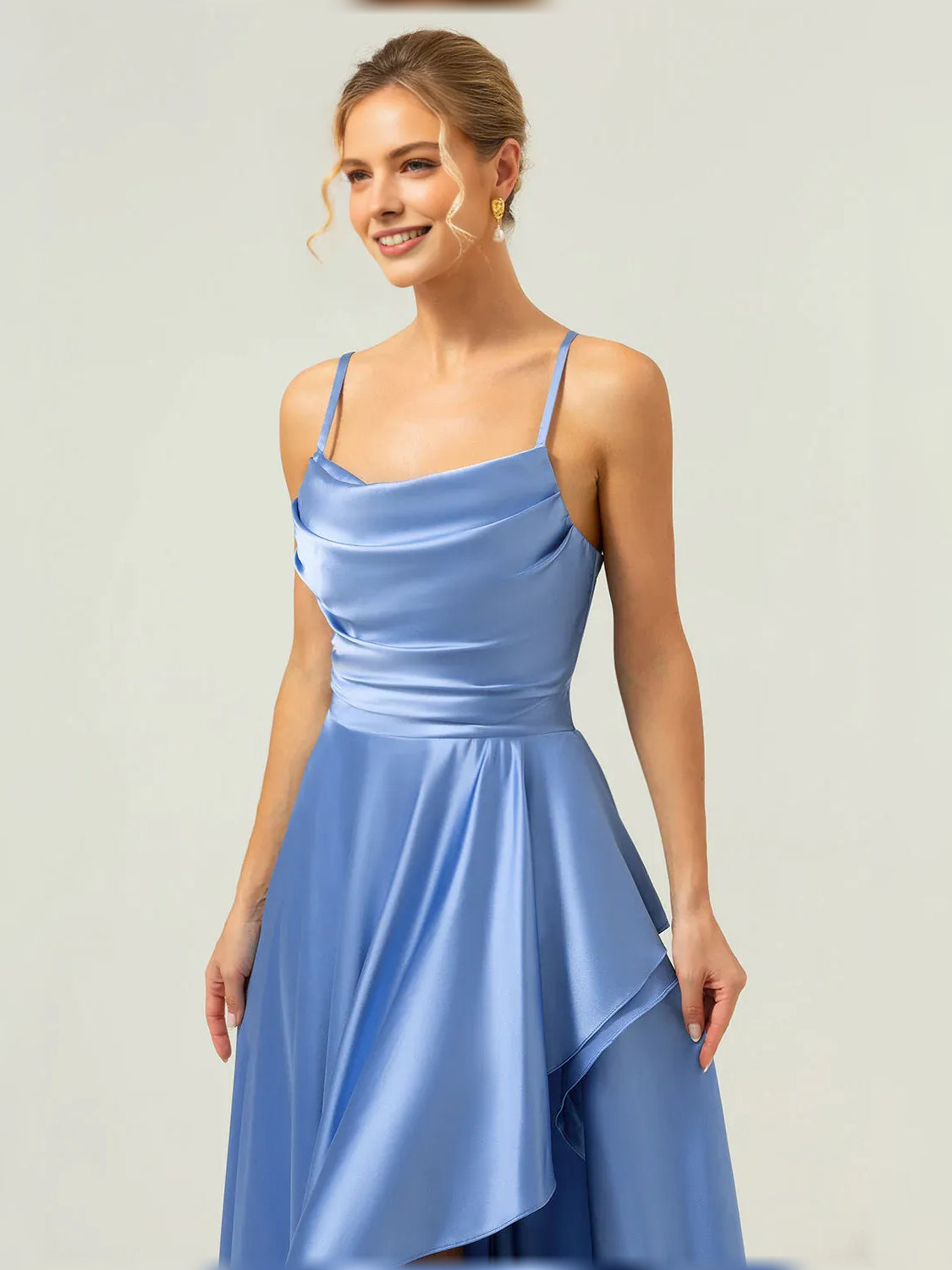 Blue a-line floor-length formal dress with draping, alternate view showing the hem