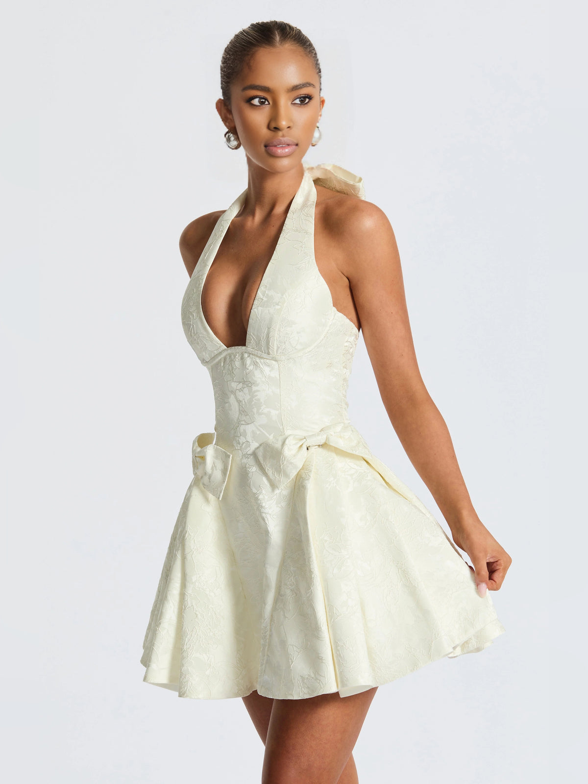 Ivory white mini homecoming dress, alternate view showing the full-length profile