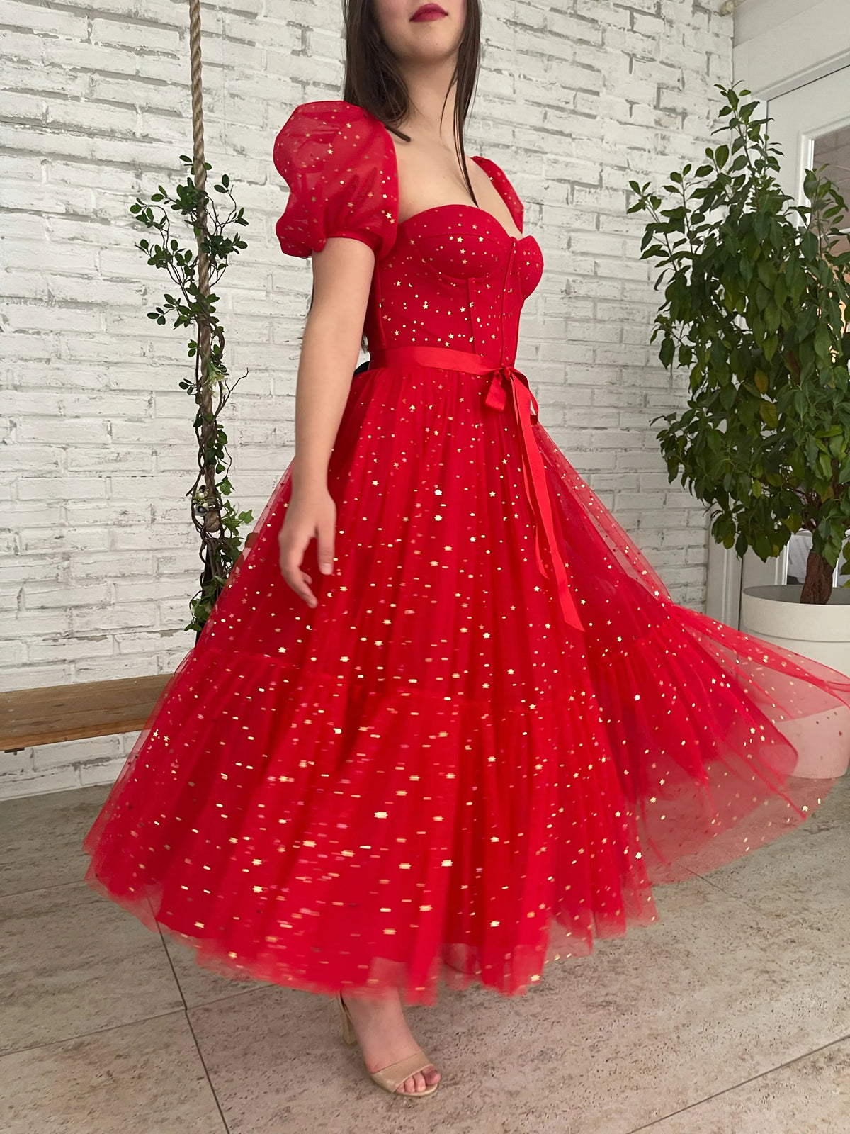 Red midi prom dress, alternate view showing the full-length profile