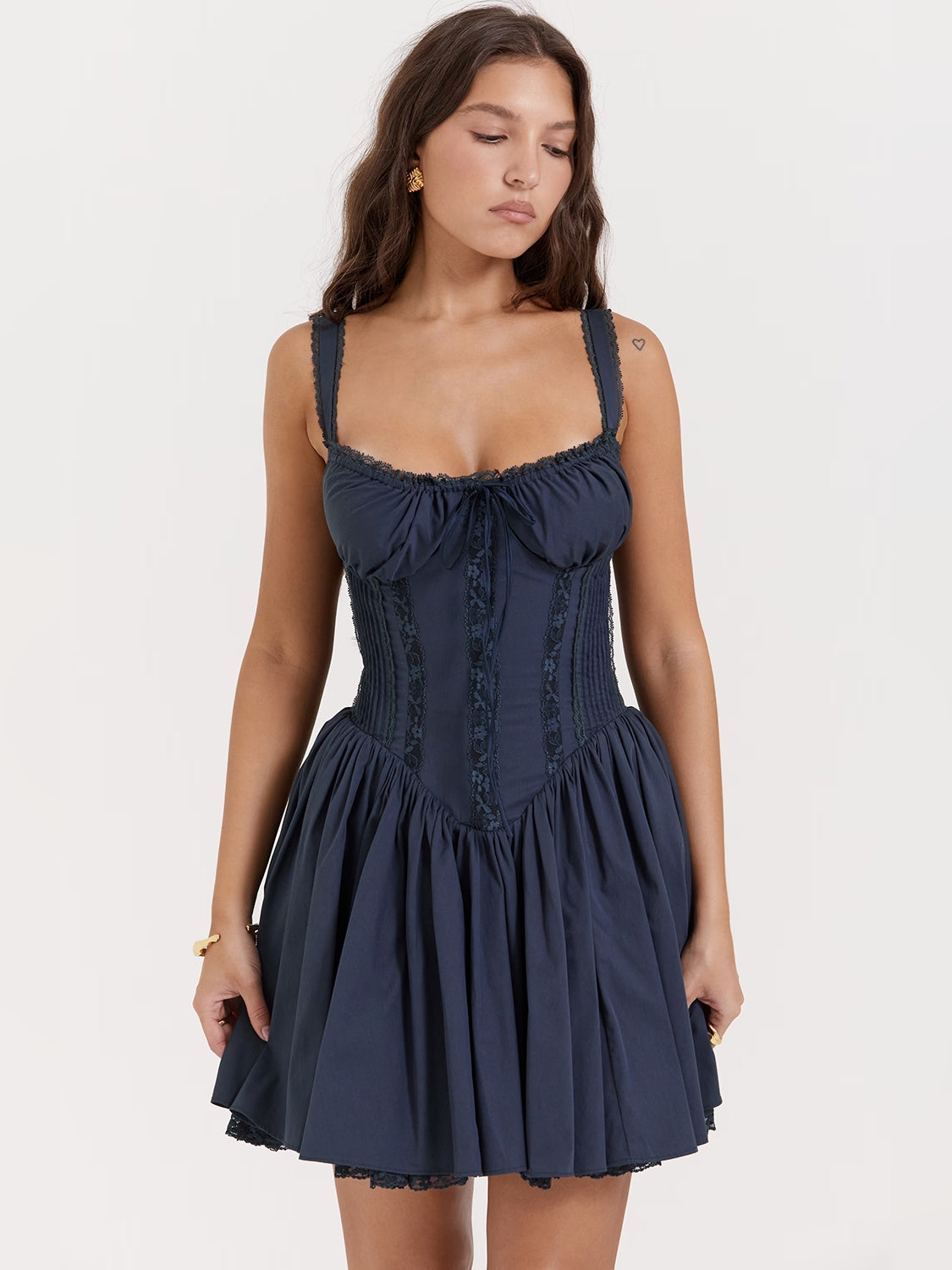 Navy mini homecoming dress, alternate view showing the full-length profile