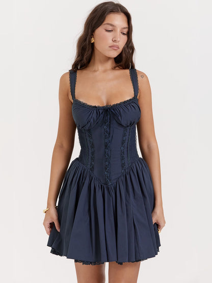 Navy mini homecoming dress, alternate view showing the full-length profile
