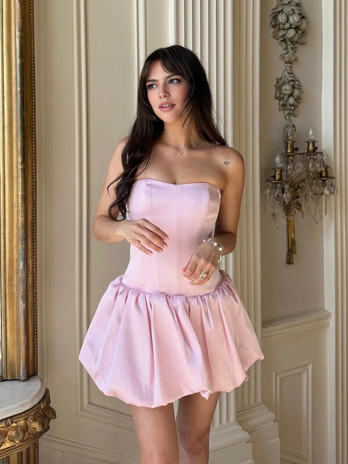 Pink mini homecoming dress, alternate view showing the full-length profile