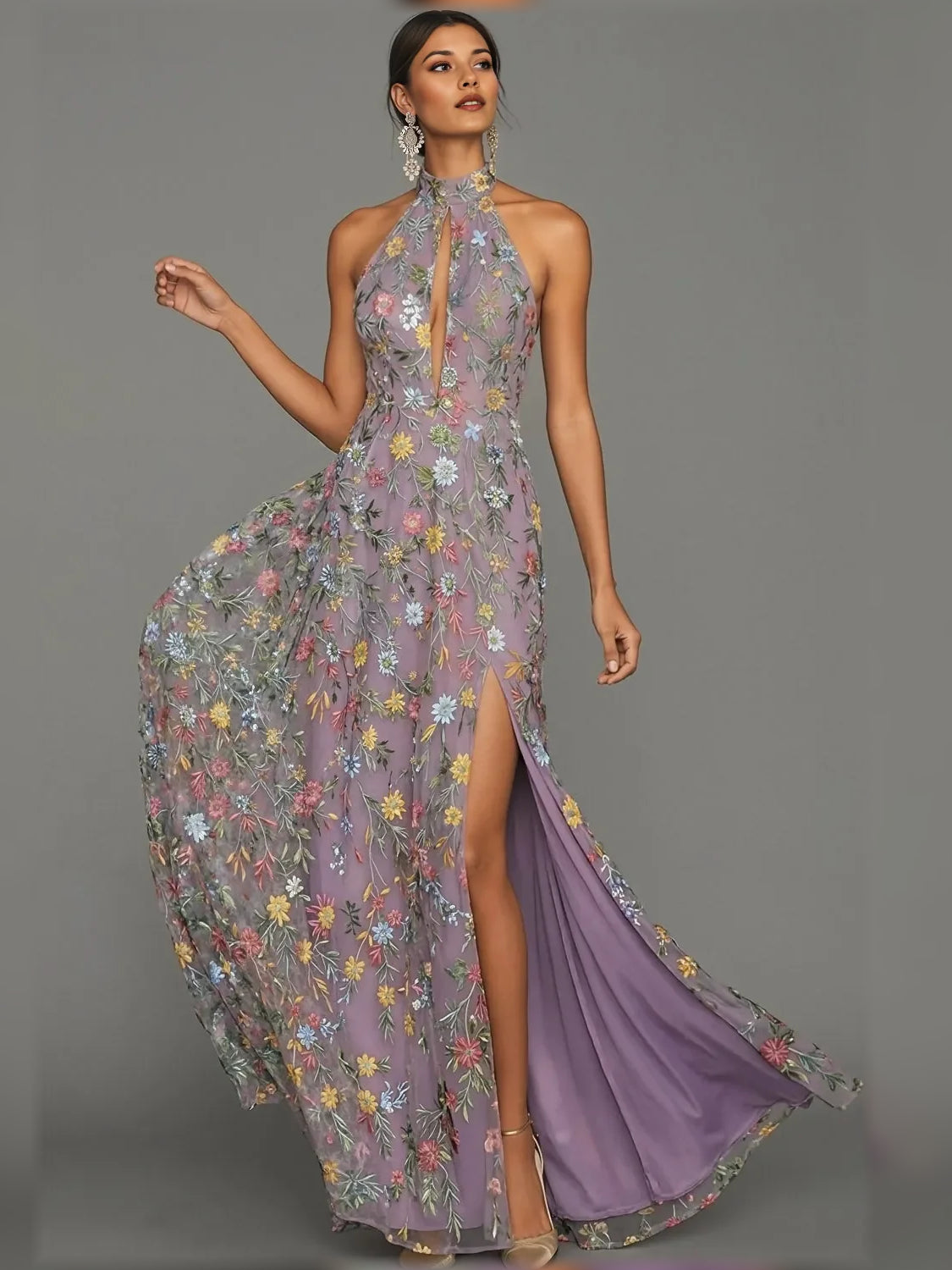 Vintage Mauve a-line floor-length formal dress with cutout detail, alternate view