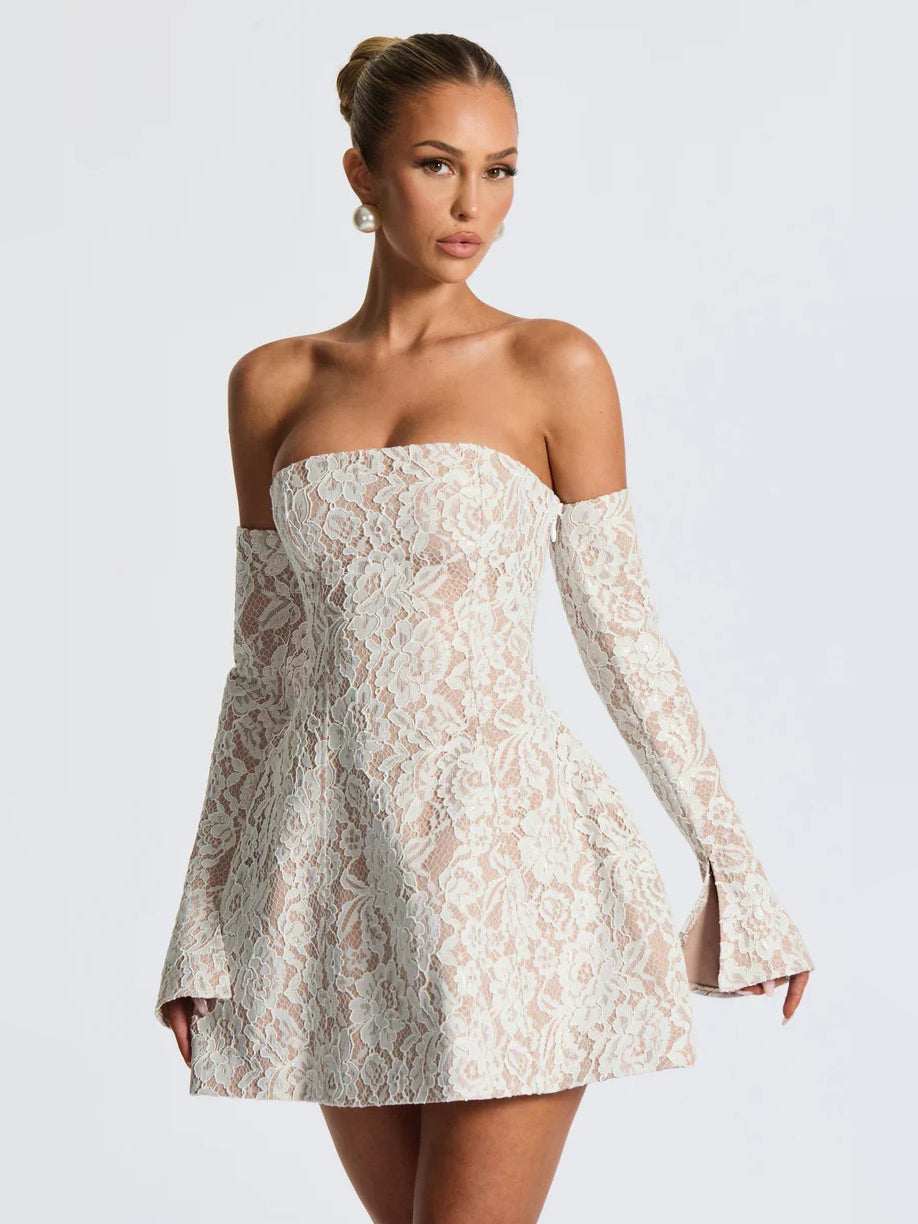 Ivory mini homecoming dress, alternate view showing the full-length profile