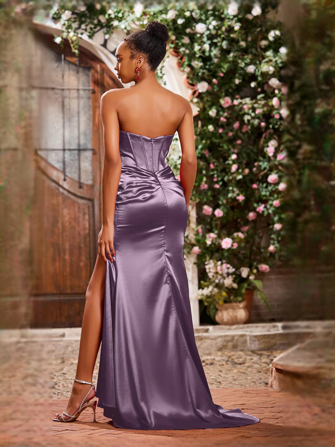 Red floor-length prom dress, front view showing the mermaid silhouette highlighting the overall dress