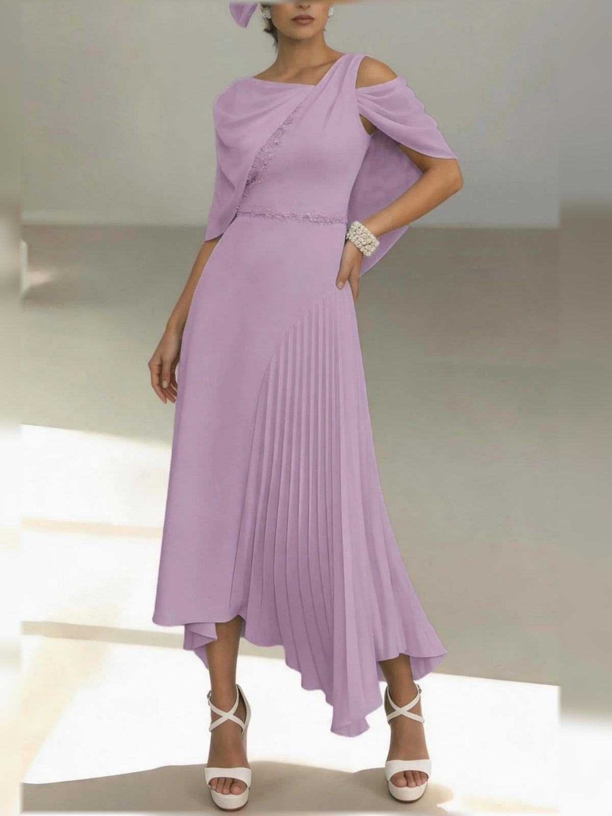 Mauve midi mother of the bride dress, alternate view showing the full-length profile