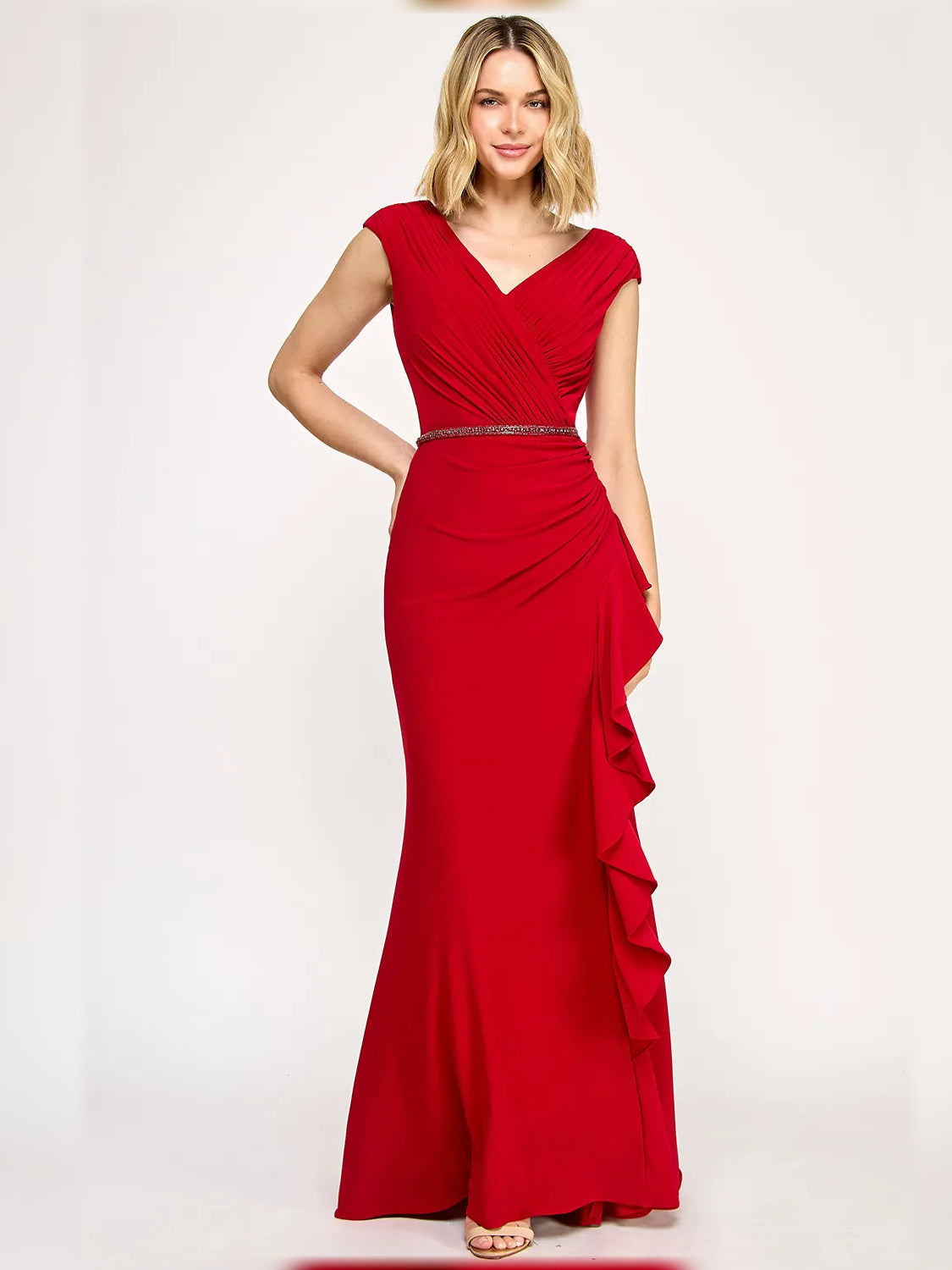 Crimson Red mermaid floor-length formal dress with beading, alternate view