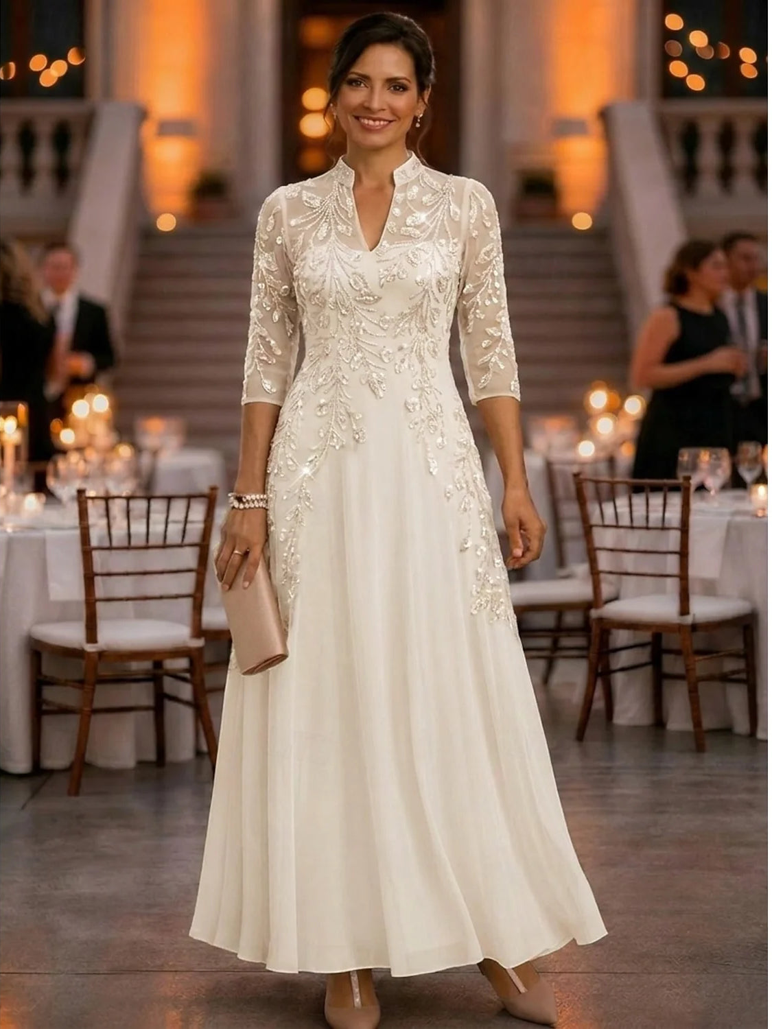 Ivory floor-length mother of the bride dress, alternate view showing the full-length profile