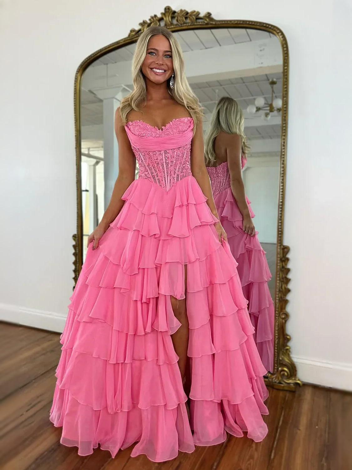 Pink high-low prom dress, alternate view showing the full-length profile