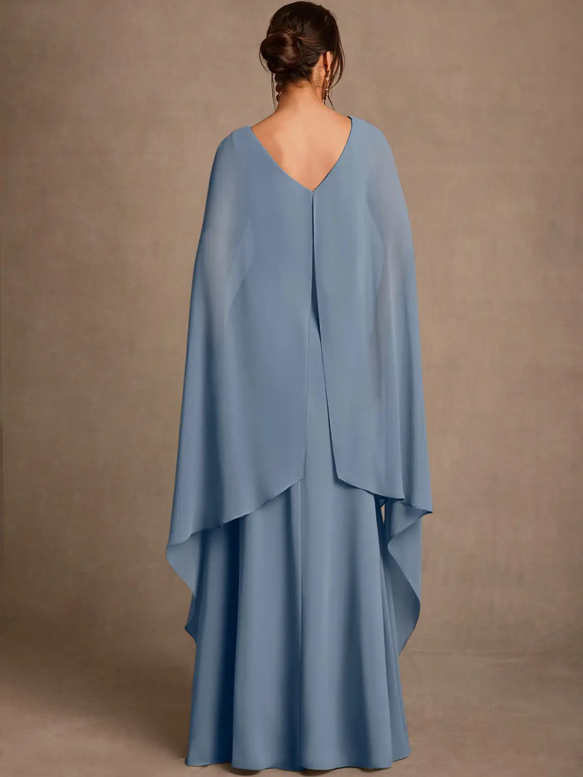 Champagne maxi mother of the bride dress, alternate view showing the full-length profile