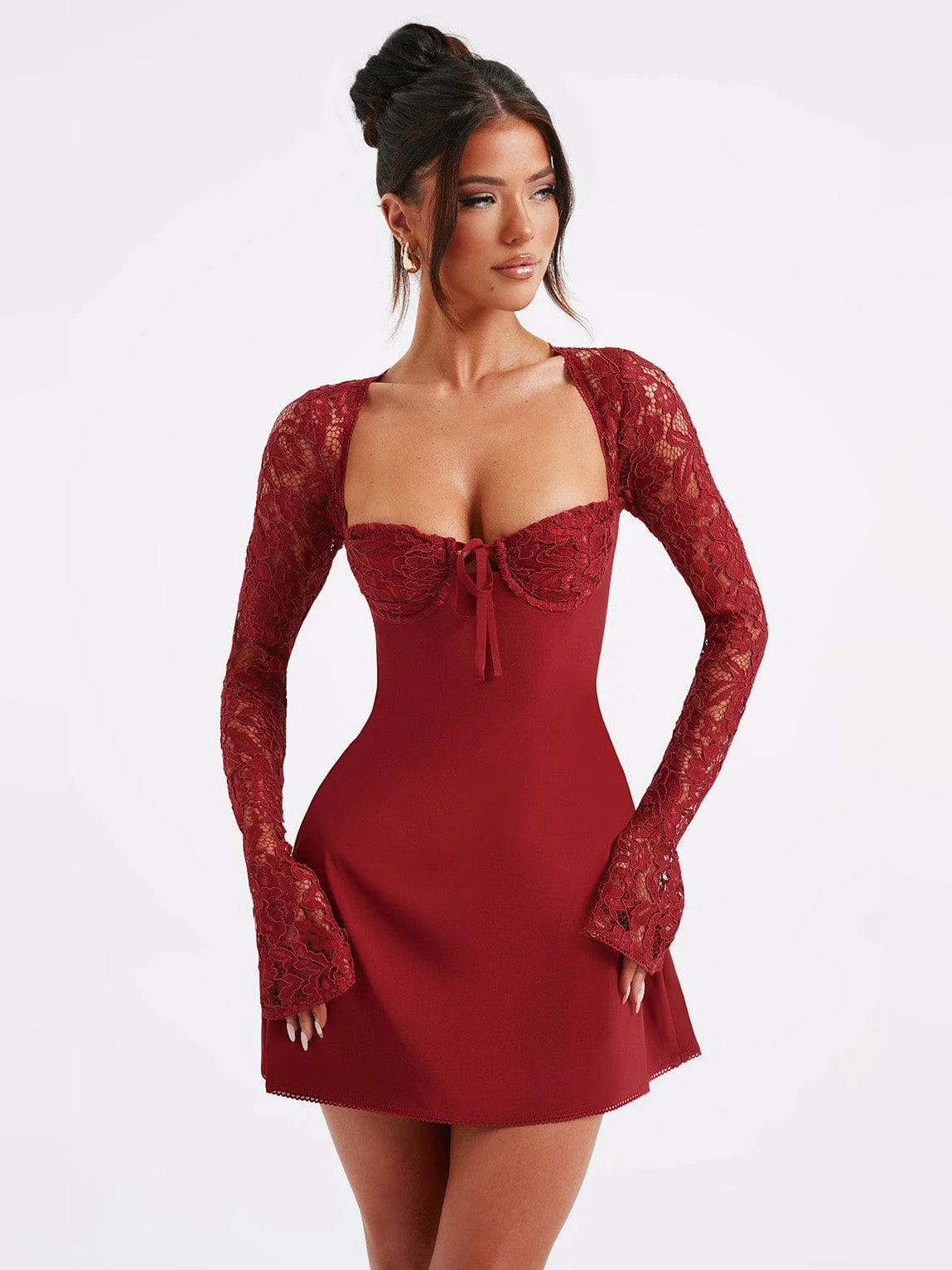 Red mini homecoming dress, alternate view showing the full-length profile