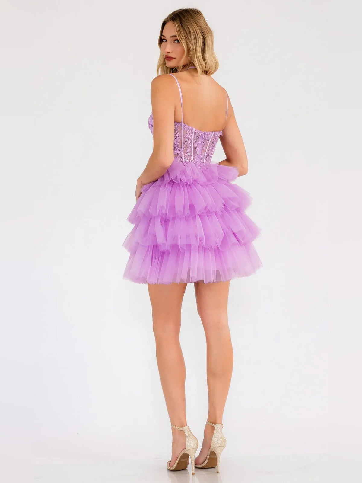 Dusty Rose short homecoming dress, alternate view showing the full-length profile