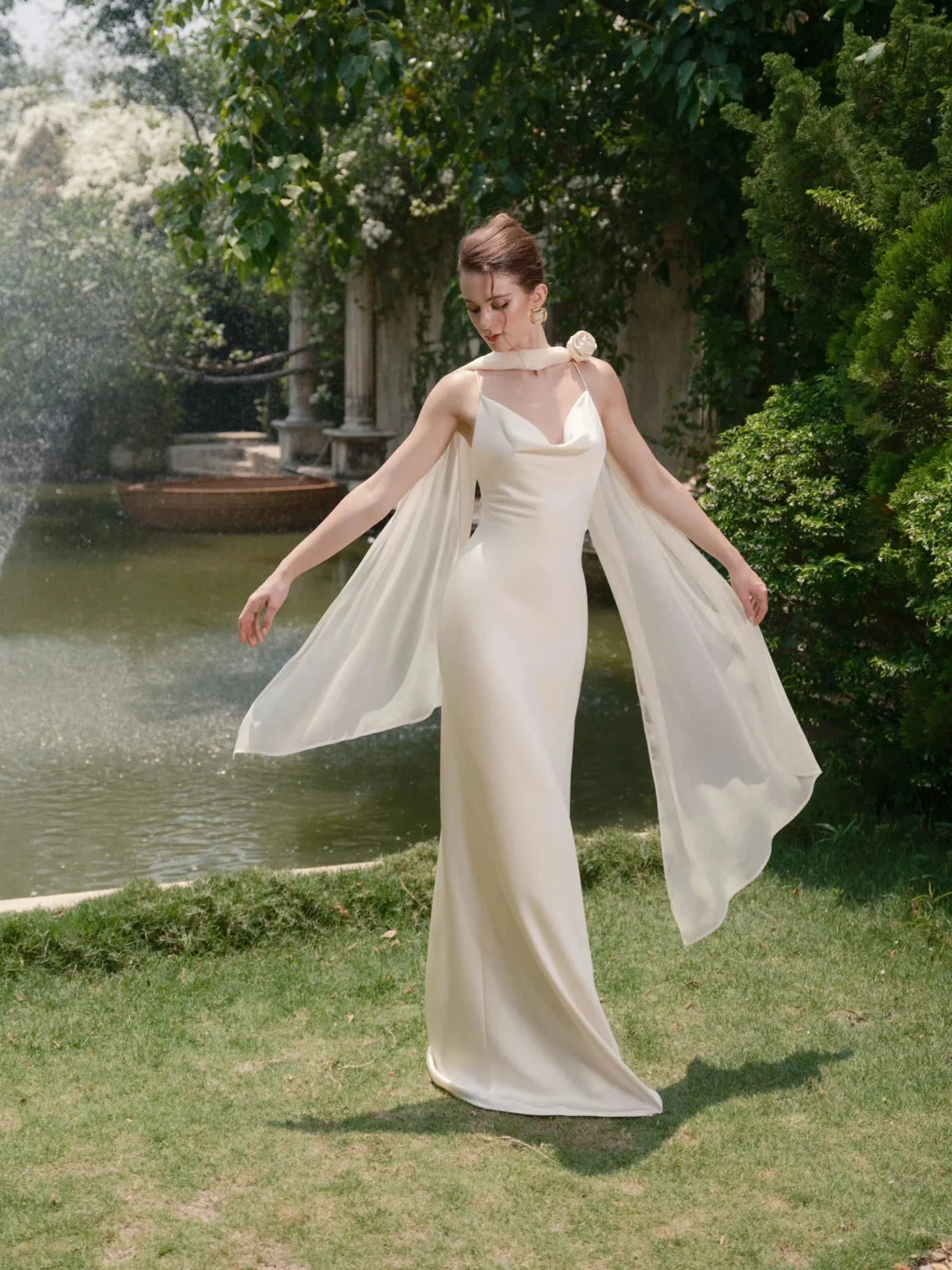 Ivory floor-length wedding dress, alternate view showing the full-length profile