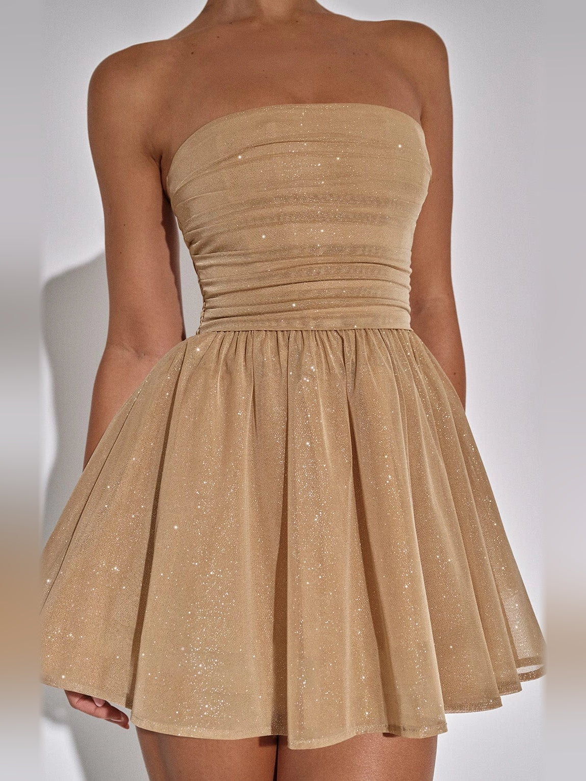 Mocha Gold mini homecoming dress, alternate view showing the full-length profile