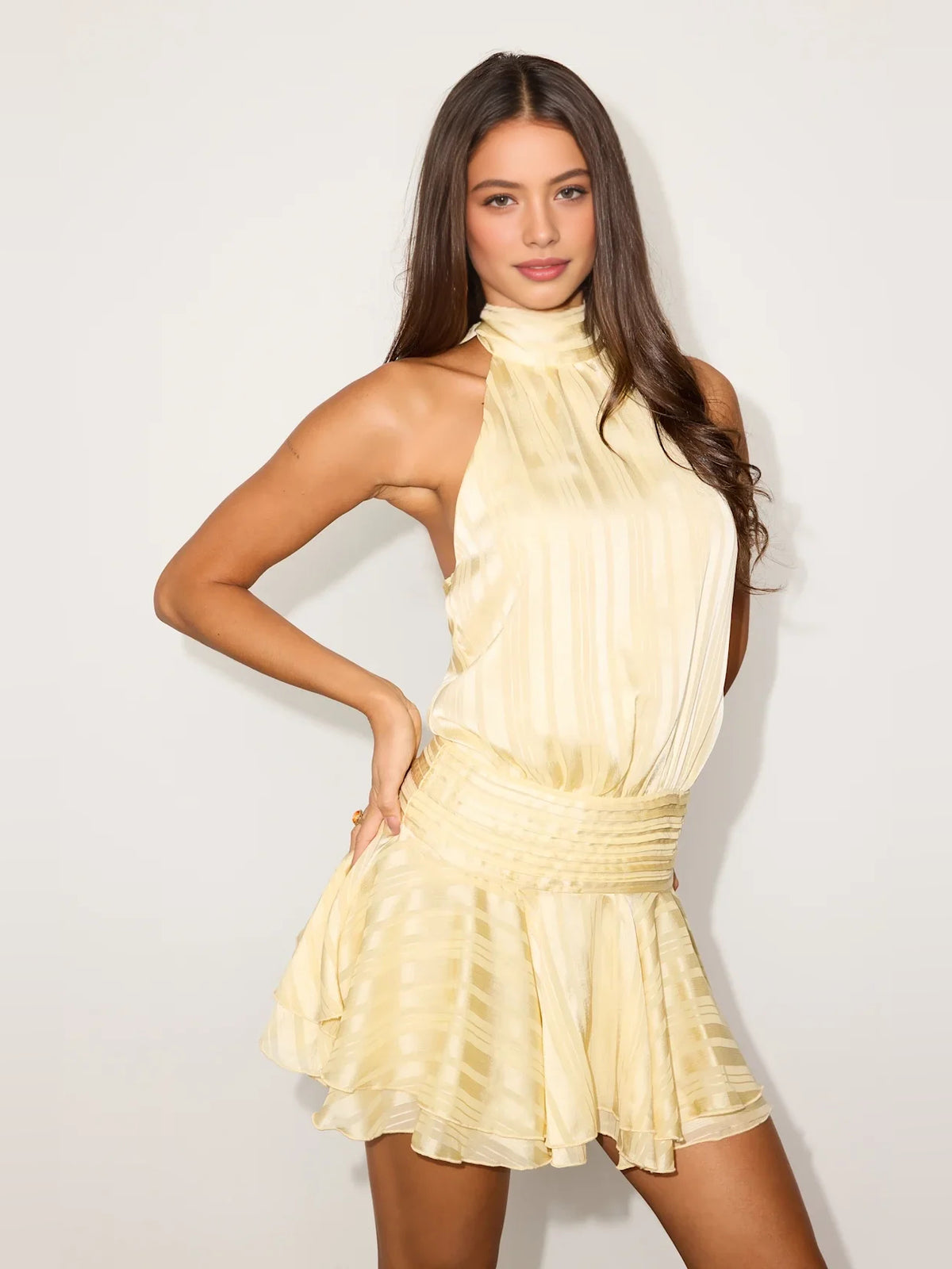 Canary mini homecoming dress, alternate view showing the full-length profile