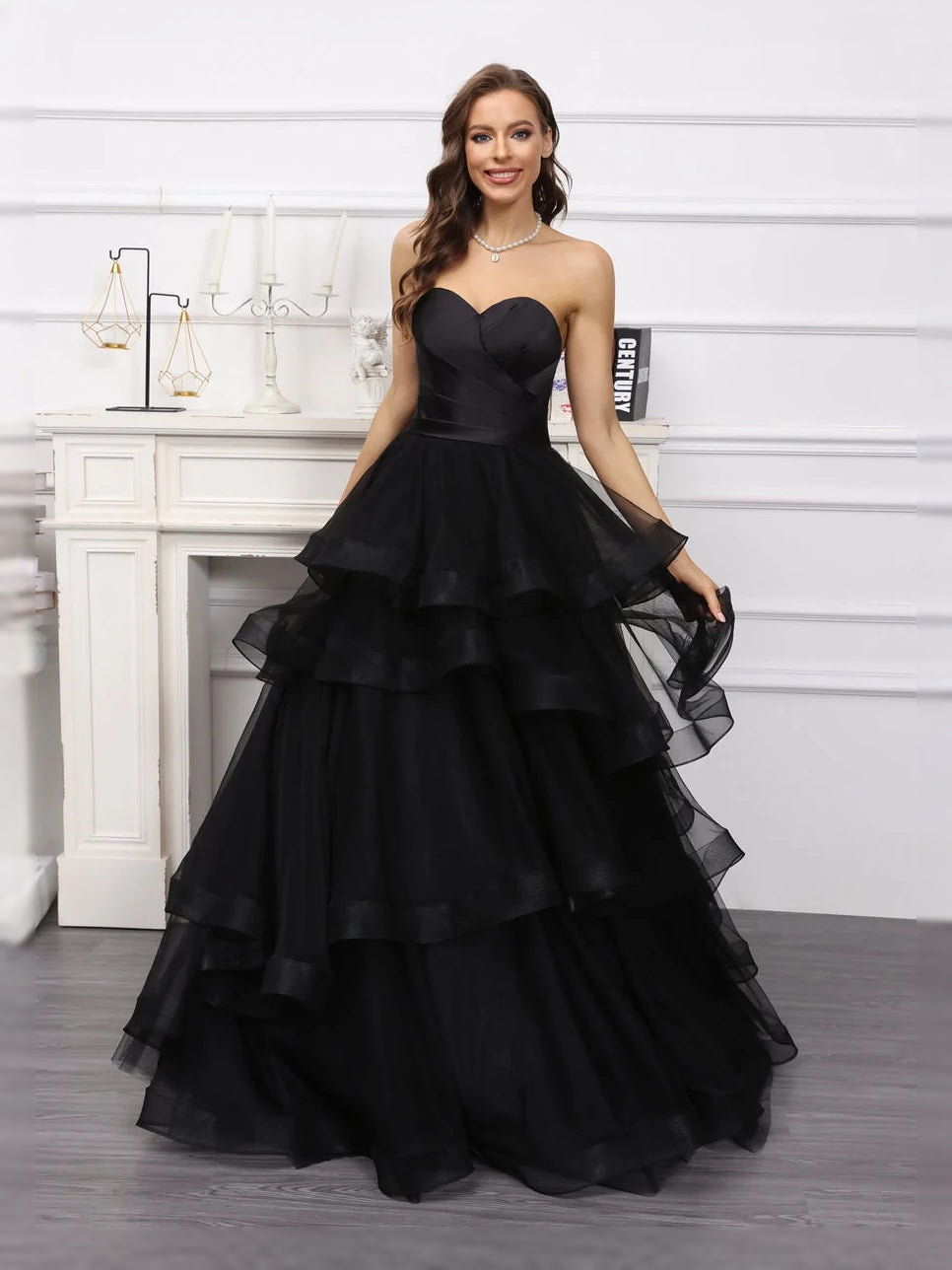 Black floor-length wedding dress, alternate view showing the full-length profile