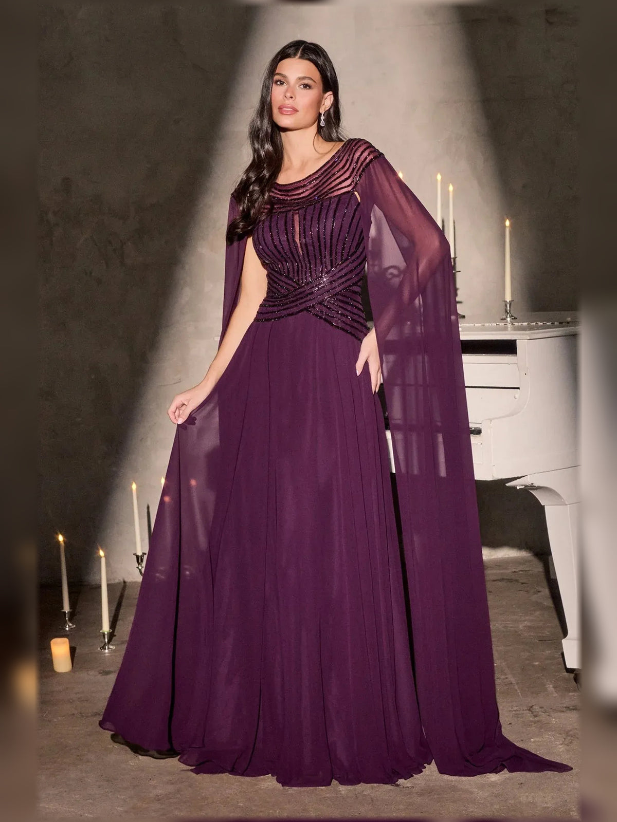 Deep Purple floor-length mother of the bride dress, alternate view showing the full-length profile