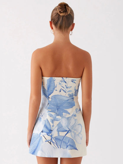 Blue Floral mini homecoming dress, alternate view showing the full-length profile