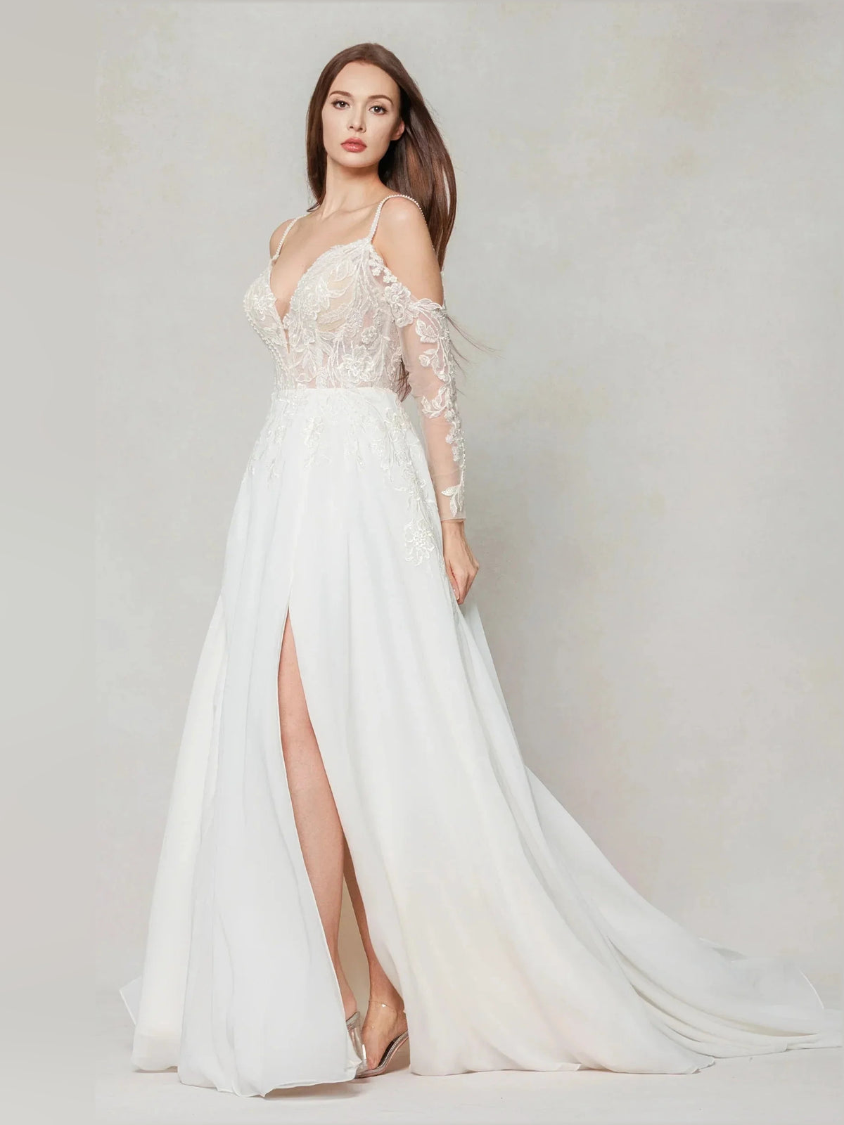 Ivory floor-length wedding dress, alternate view showing the full-length profile