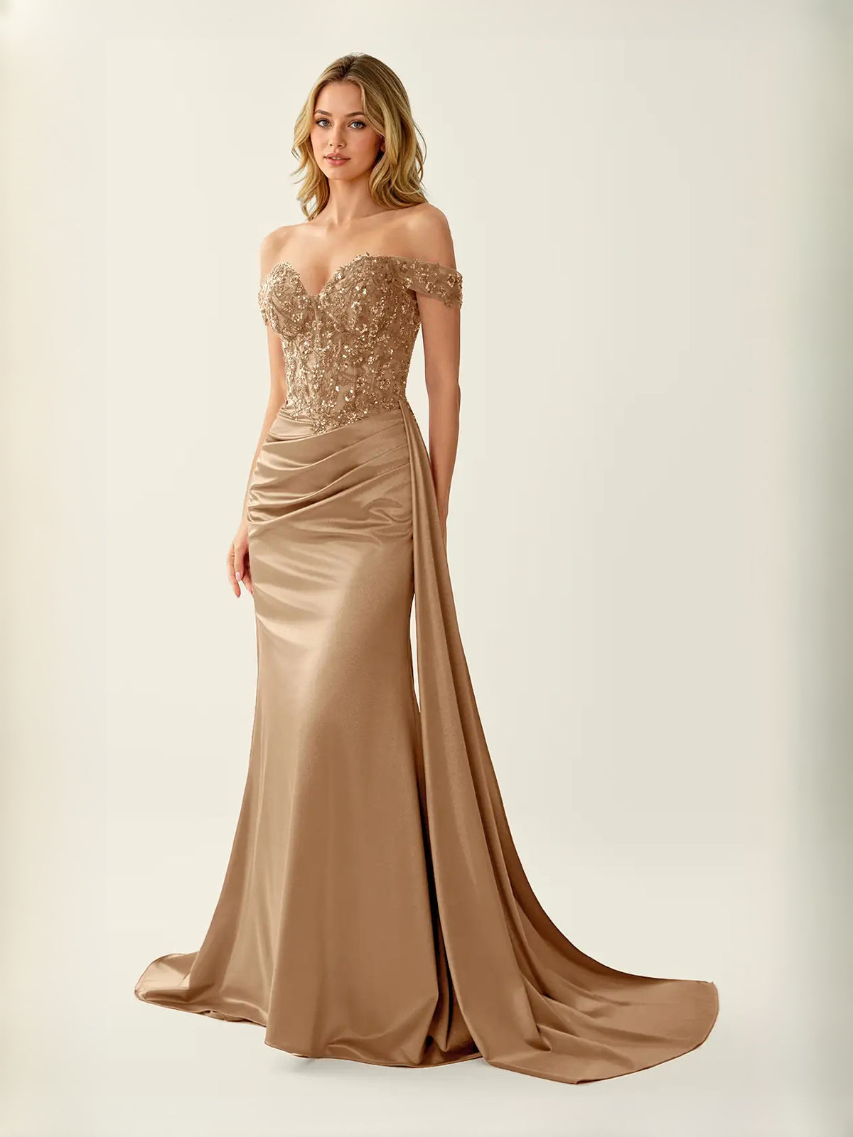 Champagne Gold floor-length prom dress, alternate view showing the full-length profile