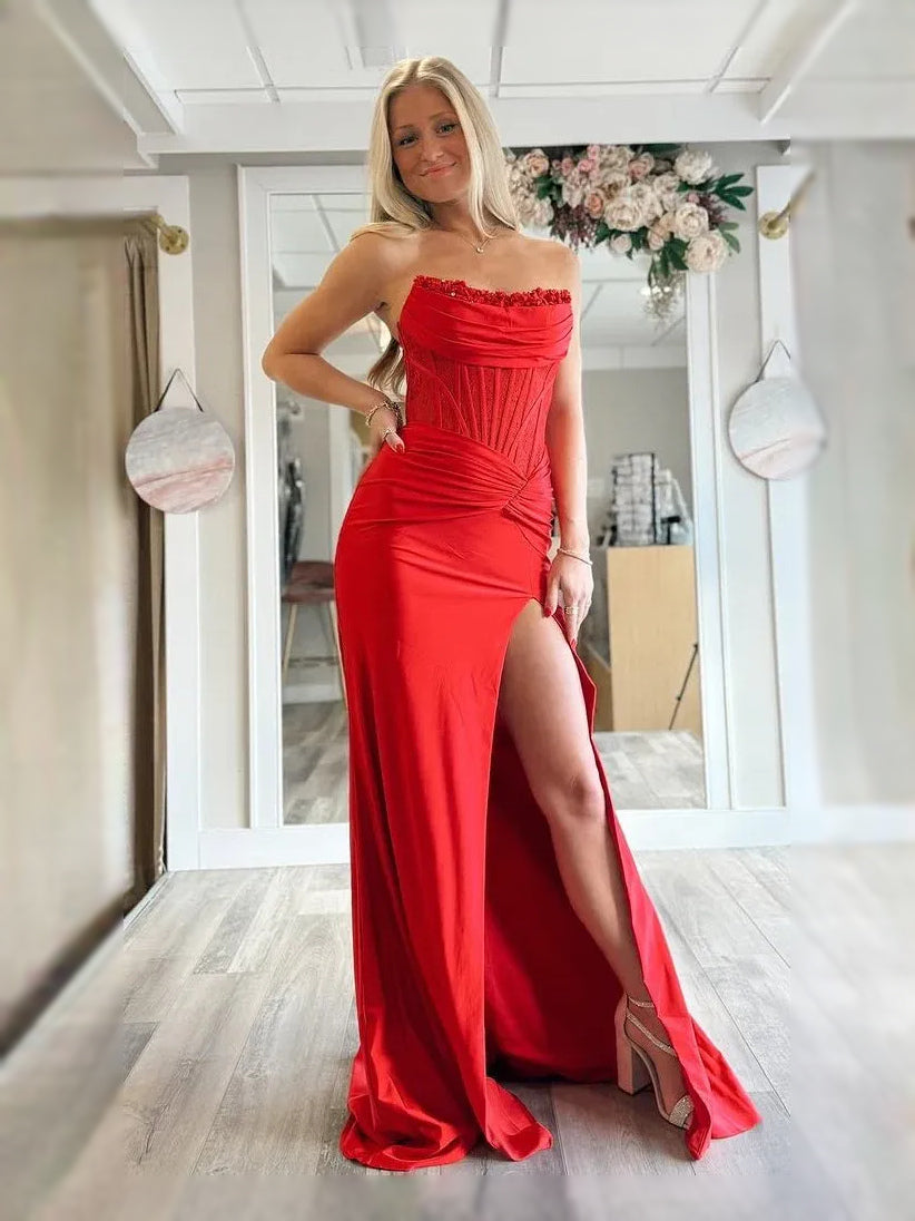 Red maxi prom dress, alternate view showing the full-length profile