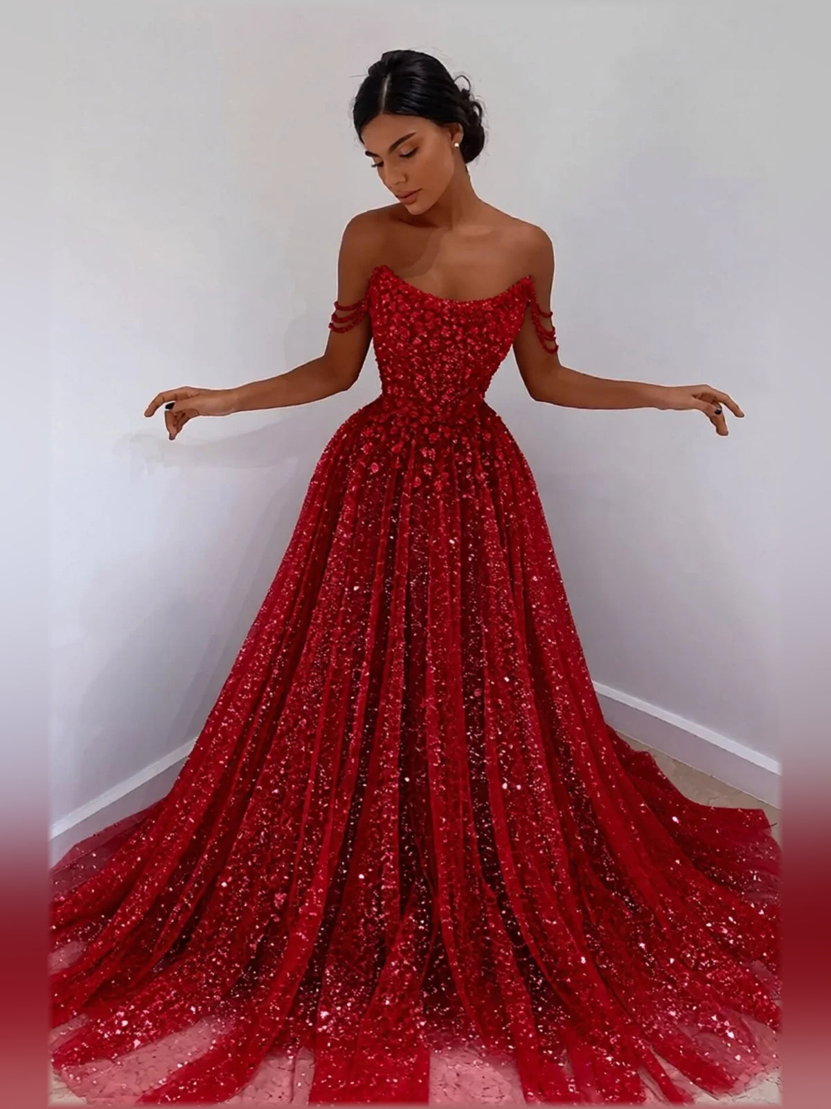 Red a-line floor-length formal dress with beading, alternate view