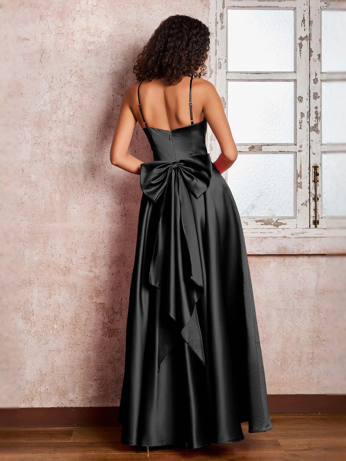 Watermelon floor-length prom dress, back view showing the rear of the dress with the dress shown closer