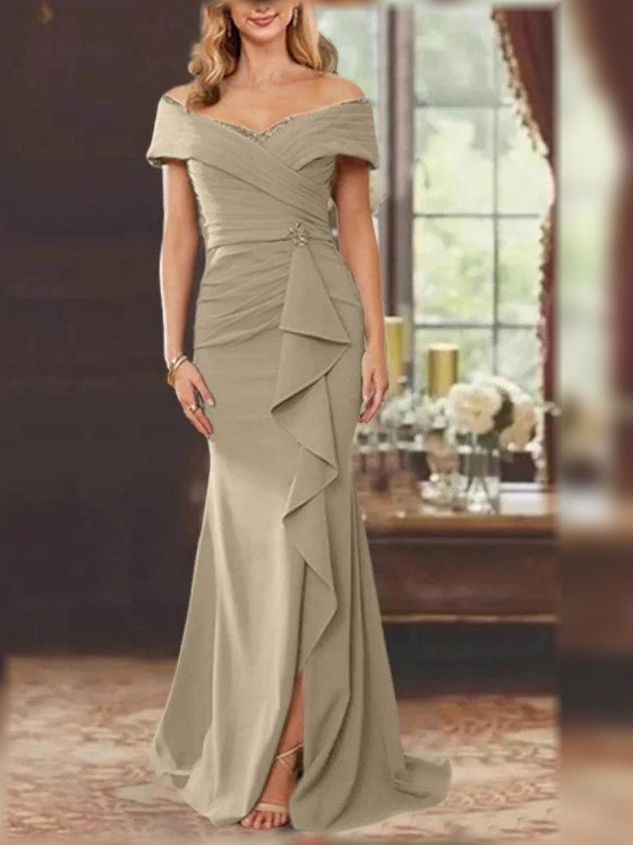 Champagne floor-length mother of the bride dress, alternate view showing the full-length profile