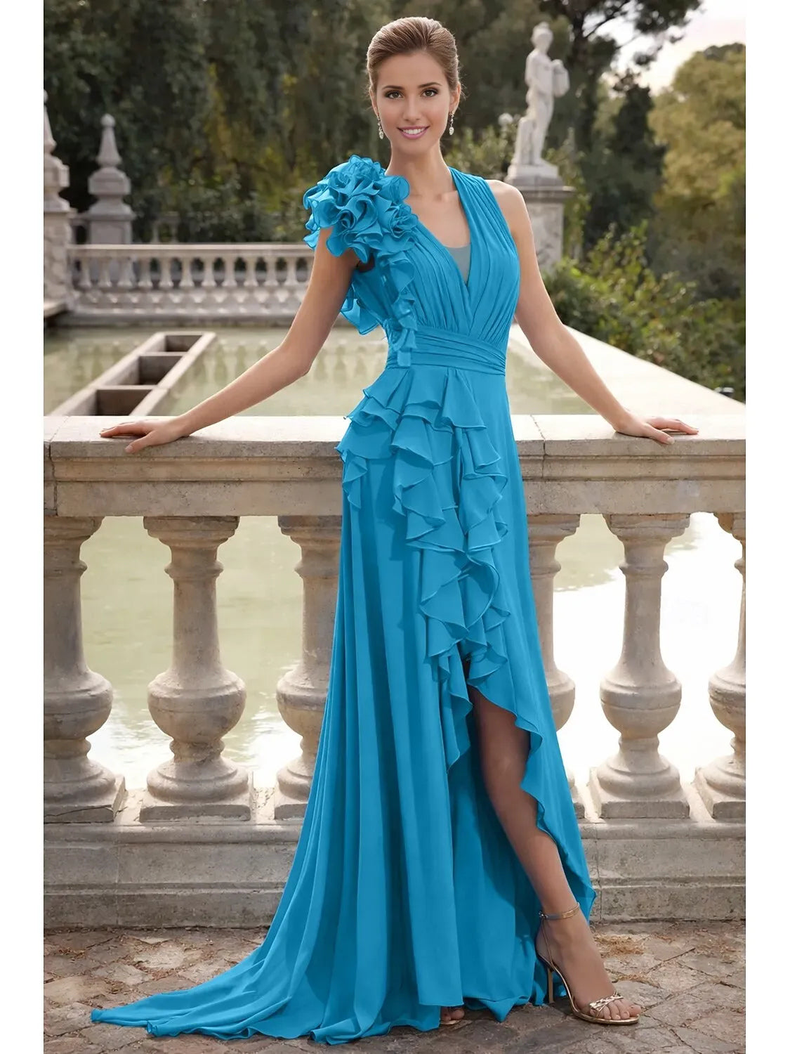Ocean Blue maxi prom dress, alternate view showing the full-length profile