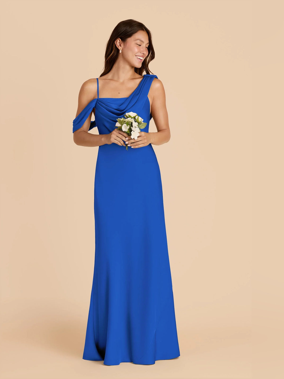 Cobalt Blue a-line floor-length formal dress with draping, alternate view
