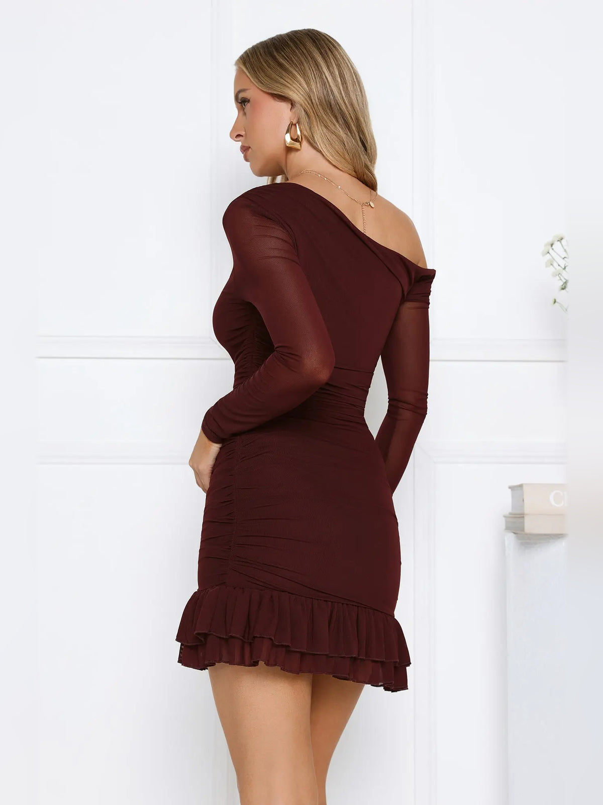 Chocolate mini homecoming dress, alternate view showing the full-length profile