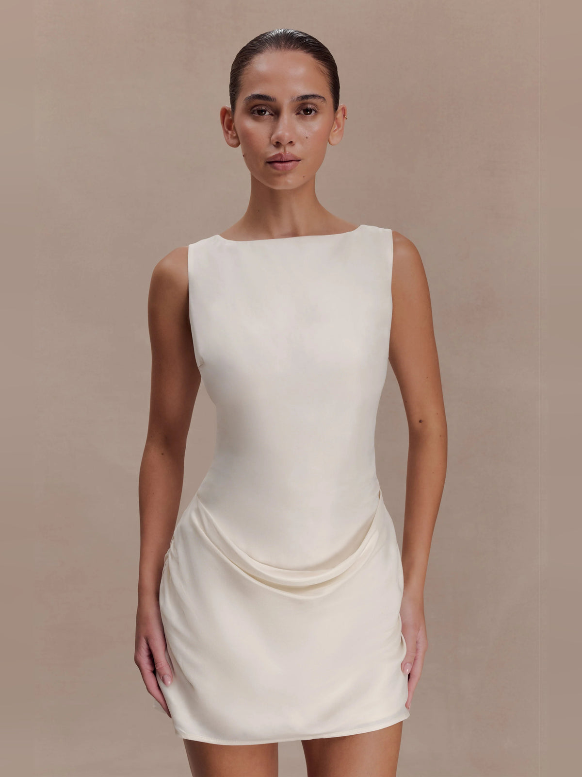 Ivory mini homecoming dress, alternate view showing the full-length profile