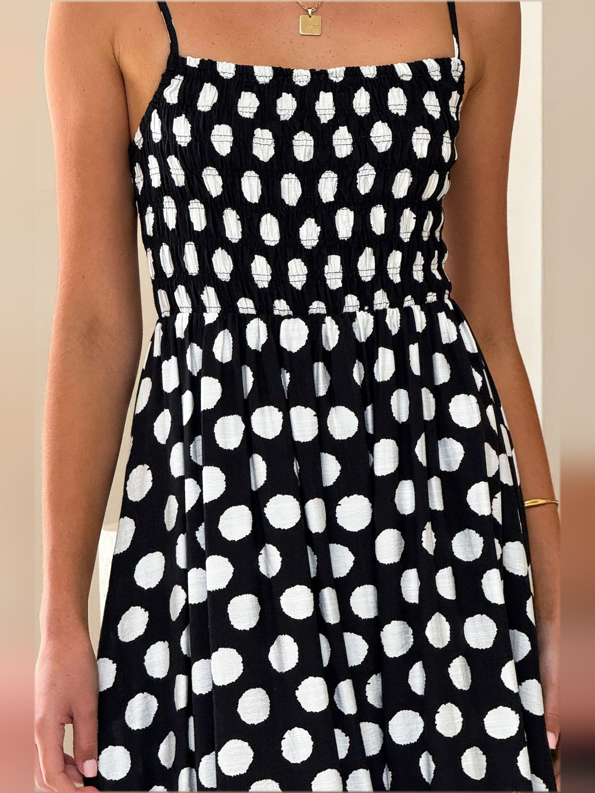 Black White Polka Dot midi formal dress with printed pattern, alternate view showing the hem