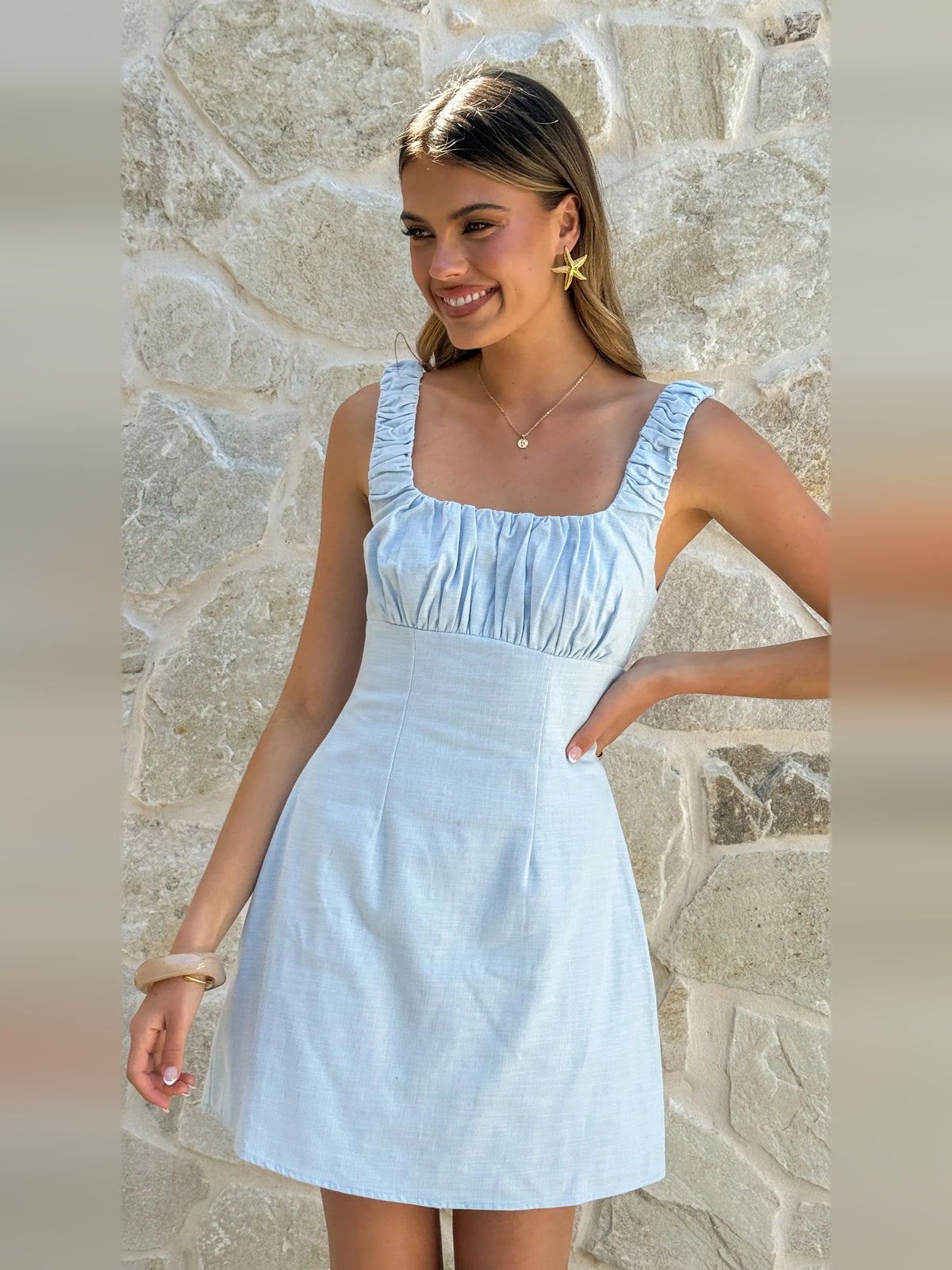 Blue mini homecoming dress, alternate view showing the full-length profile