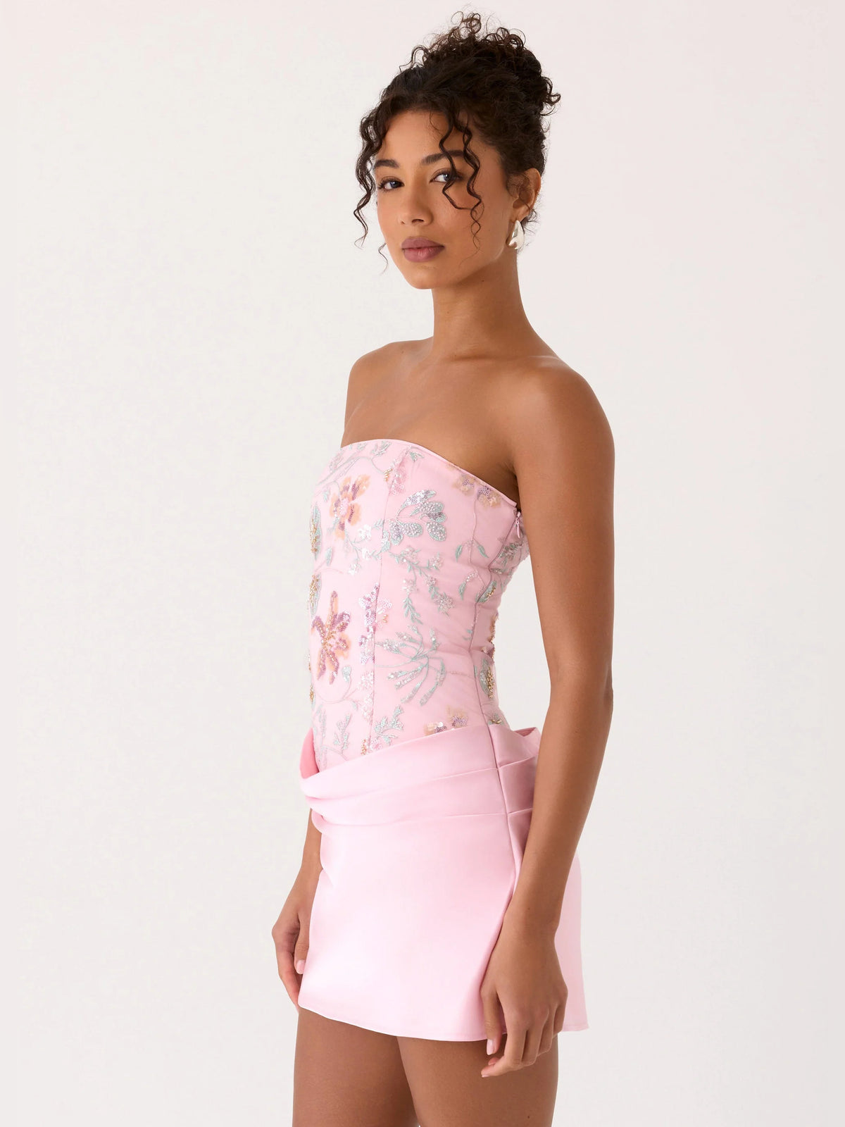 Pink mini homecoming dress, alternate view showing the full-length profile