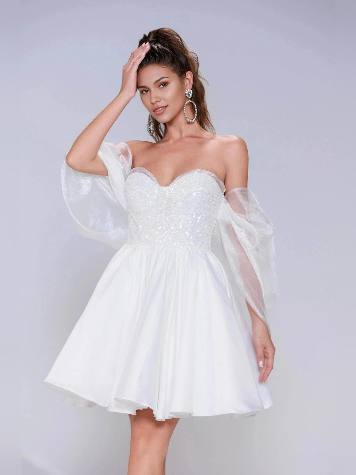 White short homecoming dress, alternate view showing the full-length profile