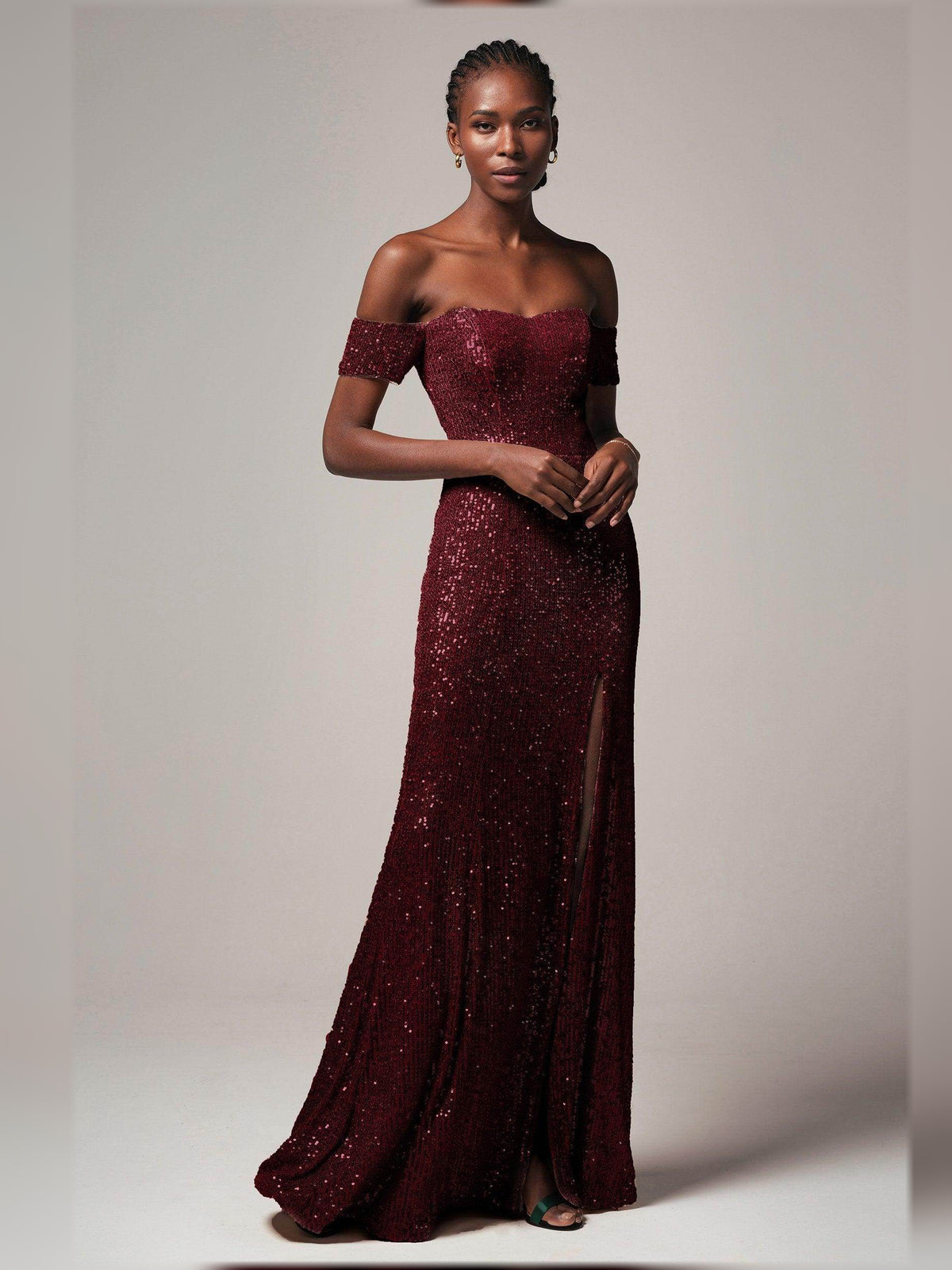 Burgundy sheath floor-length formal dress with corset-style bodice, alternate view