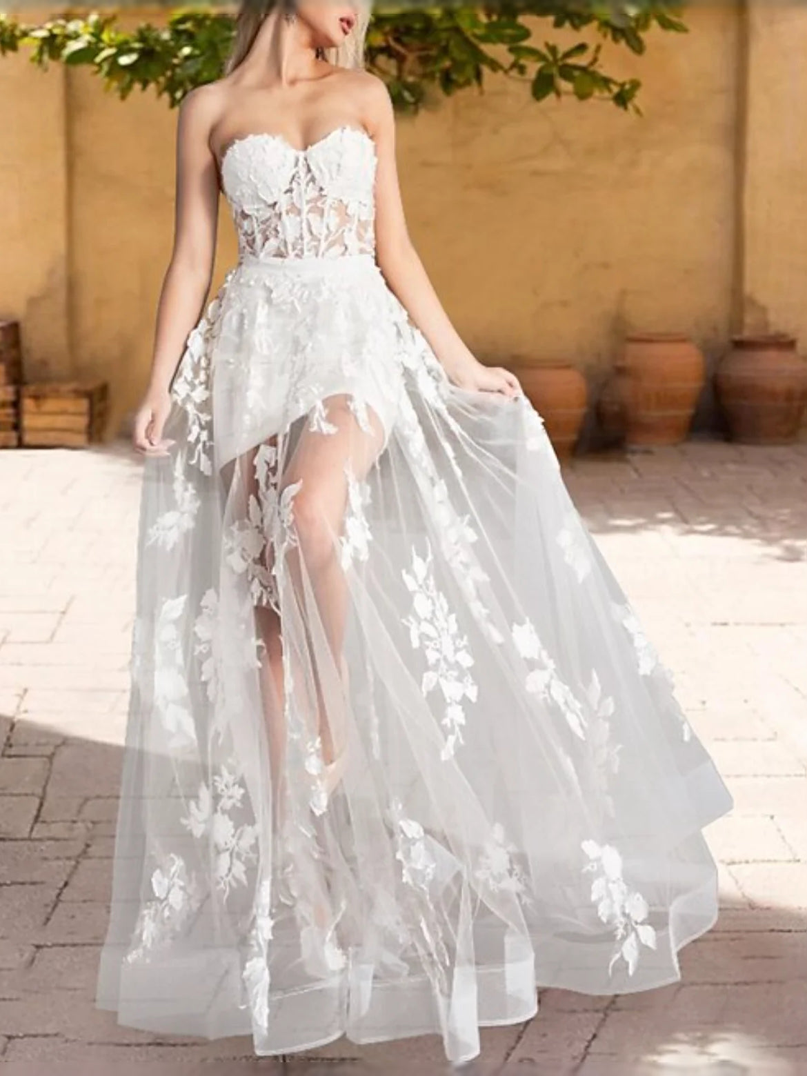 Ivory floor-length prom dress, alternate view showing the full-length profile