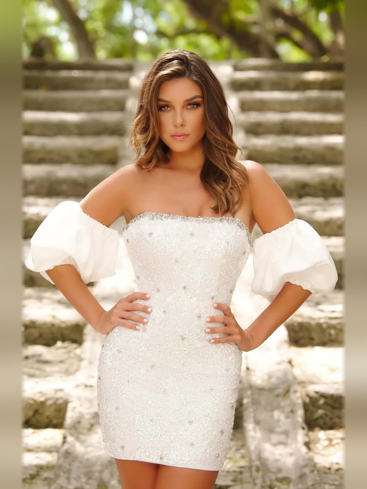 White mini homecoming dress, alternate view showing the full-length profile
