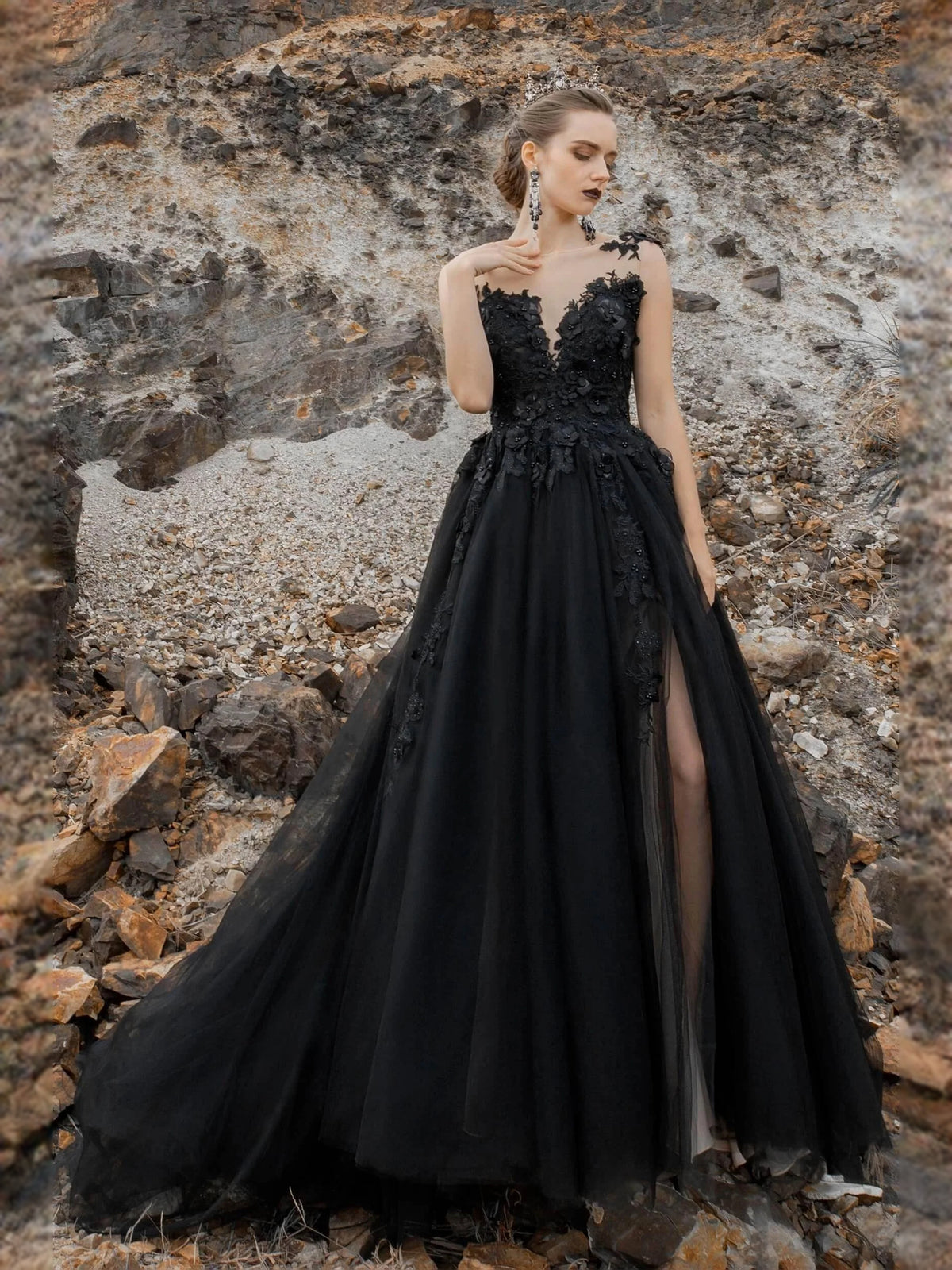 Black floor-length wedding dress, alternate view showing the full-length profile