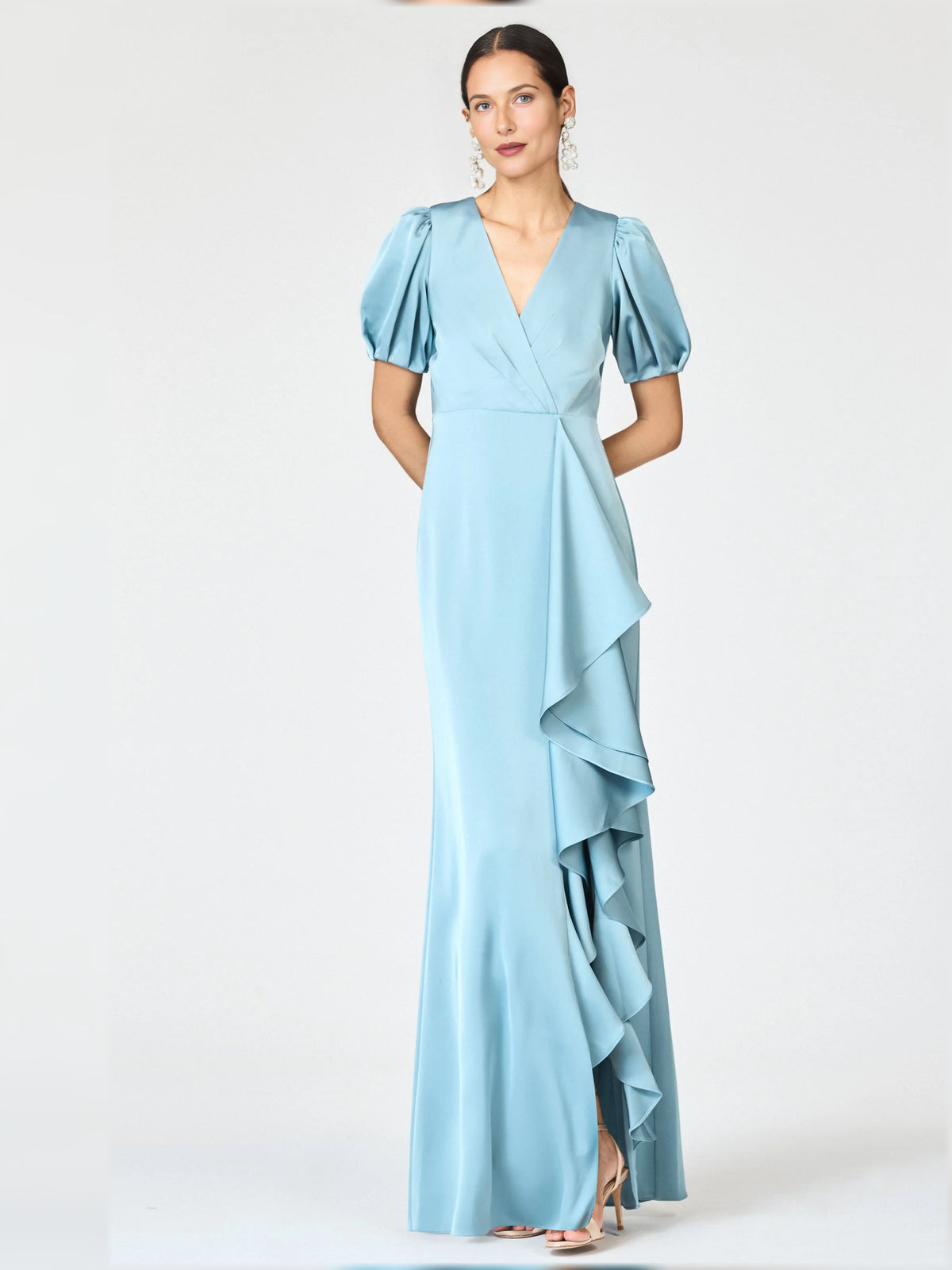 Sky Blue sheath maxi formal dress with ruffle details, alternate view