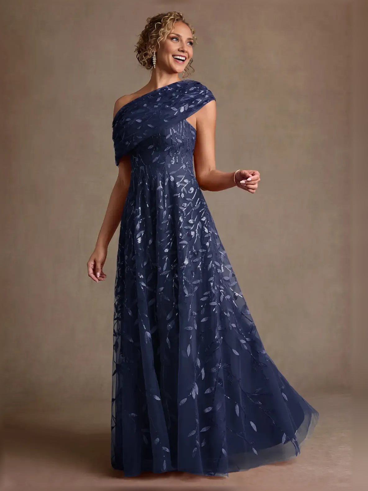 Navy Blue short mother of the bride dress, alternate view showing the full-length profile