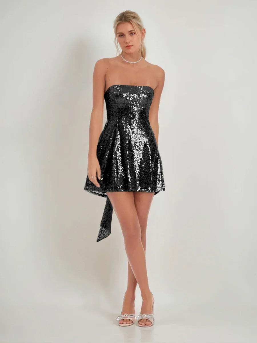 Black mini homecoming dress, alternate view showing the full-length profile