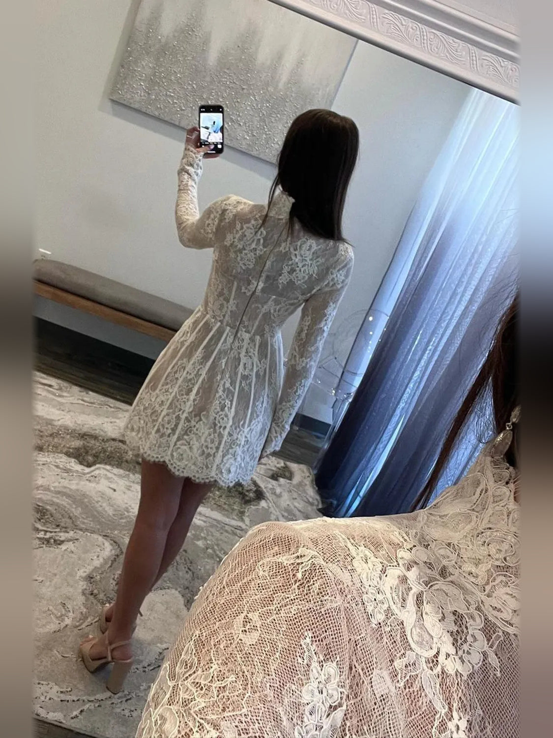 White mini homecoming dress, alternate view showing the full-length profile